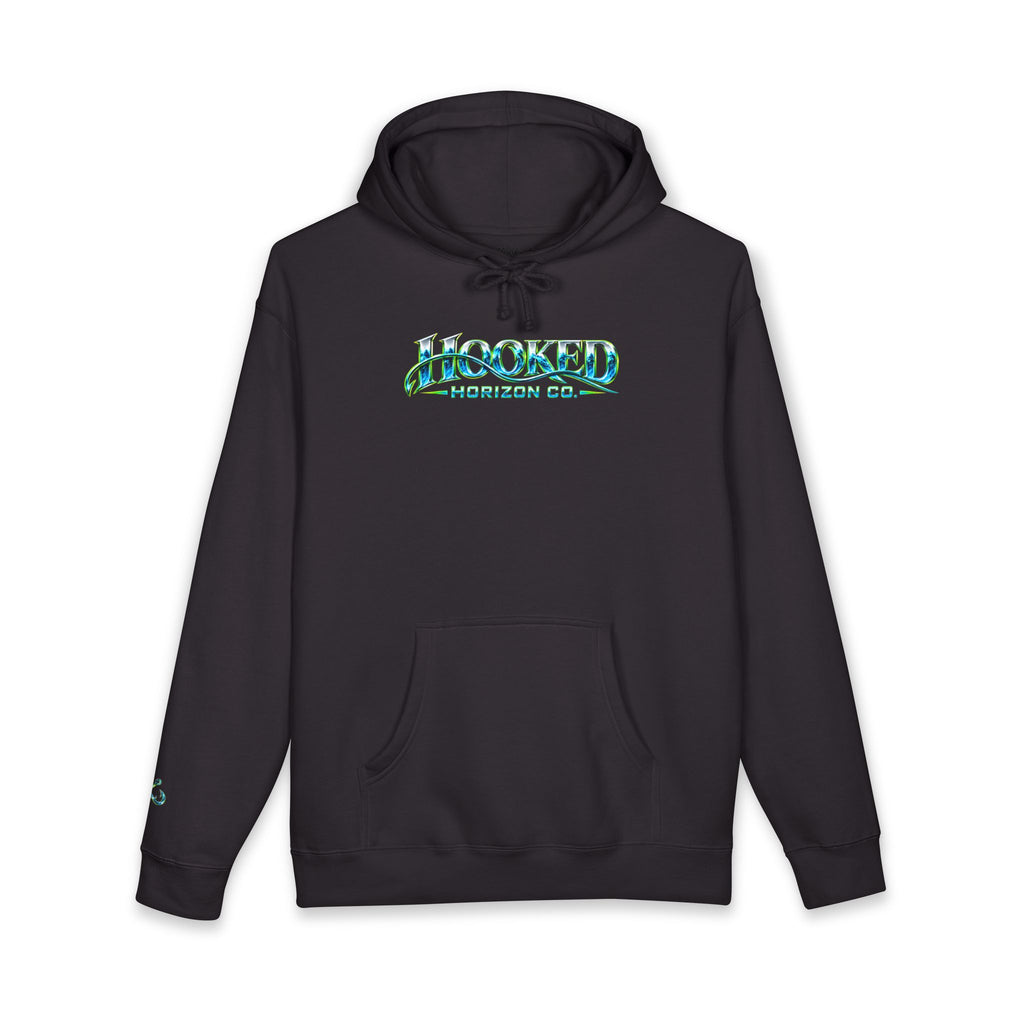 Barracuda Like Green Logo Hoodie—Hooked Horizon Co. — Fishing Back Graphic Hoodie, Multiple Color Variations