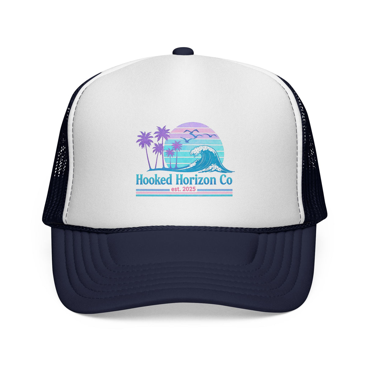 Hooked Horizon Co.  Wave, Sunset & Palm Tree 90s Inspired Trucker Cap in Purple & Blue — Outdoor & Beach Hat Ocean Conservation Gifts For Him & Her