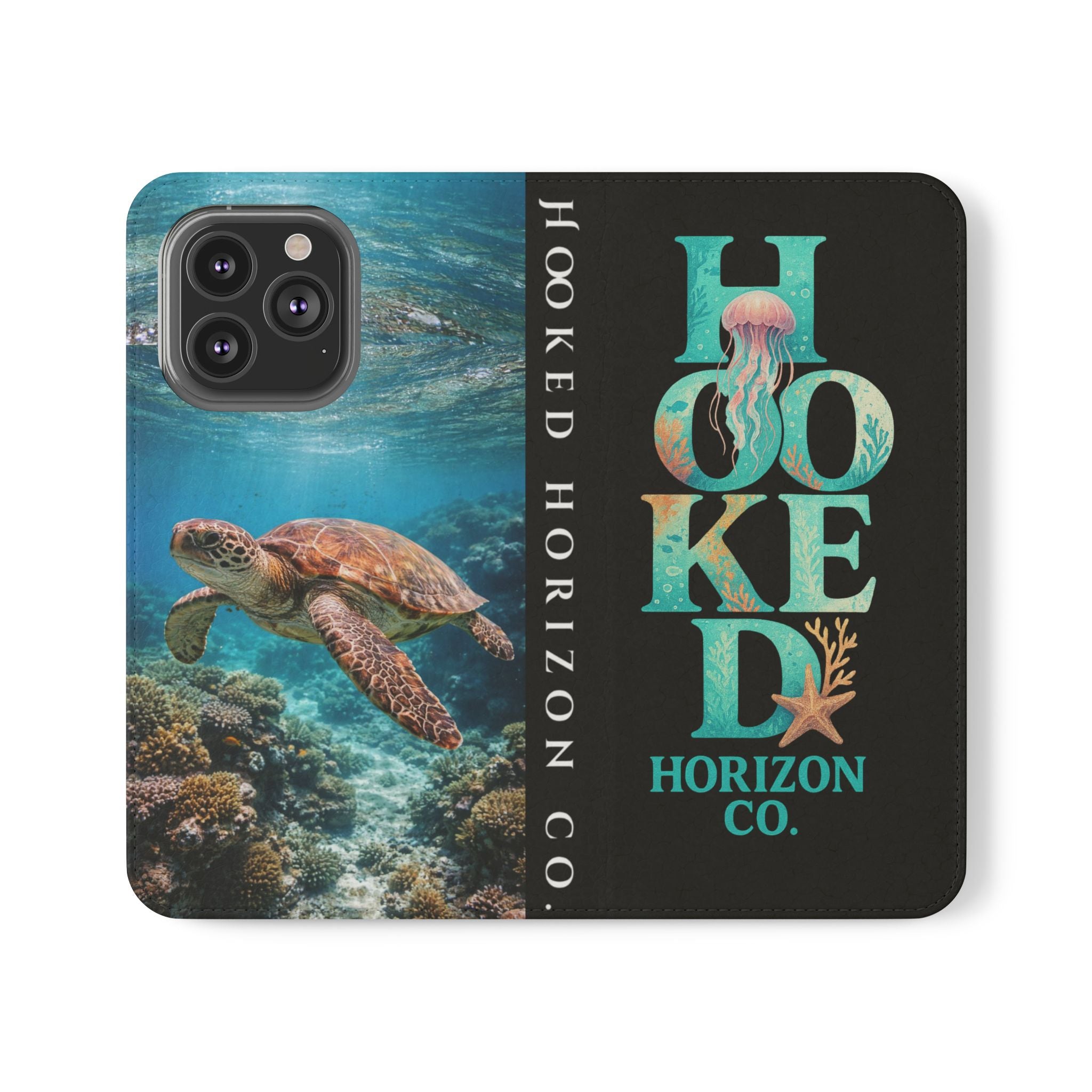 Turtle Hooked Horizon Co Flip Phone Case — Turquoise Water Pattern Wallet Cover