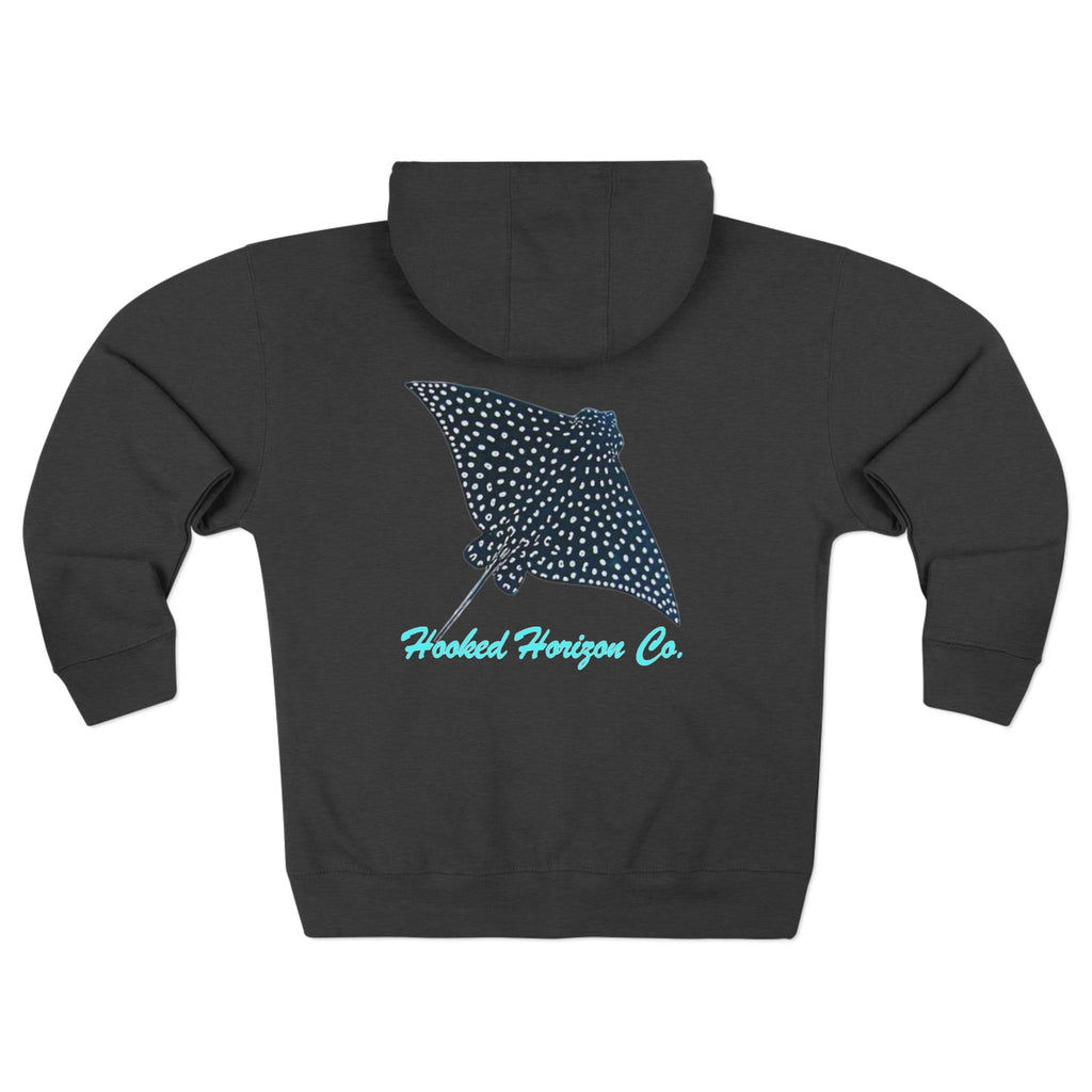 Spotted Ray Neon Blue Deep Drift – Hooked Horizon C. No Bull All BiteUnisex Zip Hoodie for Ocean Lovers, Nautical Fashion, Cool Weather Gear, Everyday Comfort, Perfect Gift