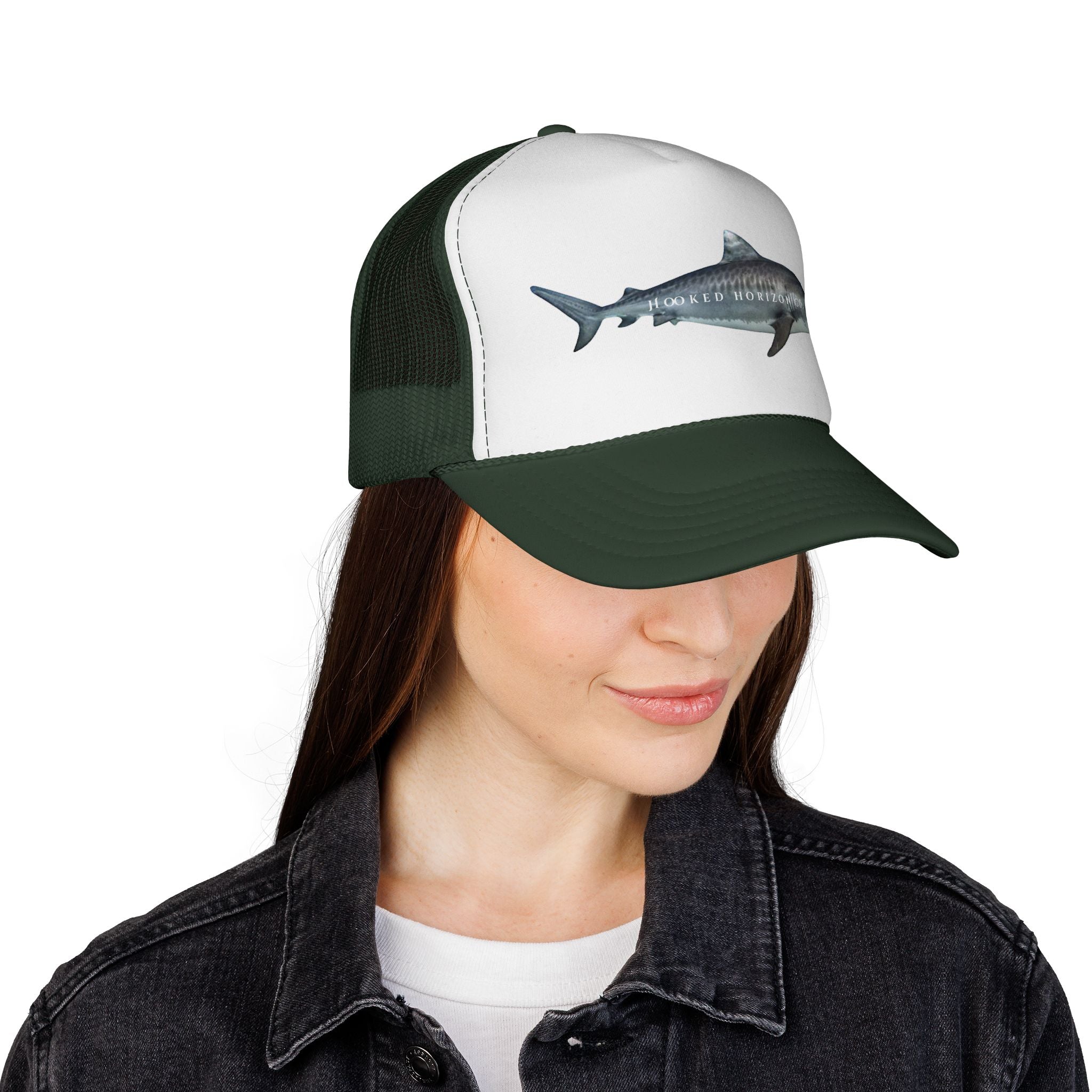 Tiger Shark Trucker Cap — 'Chasing Legends' Fishing Hooks Logo