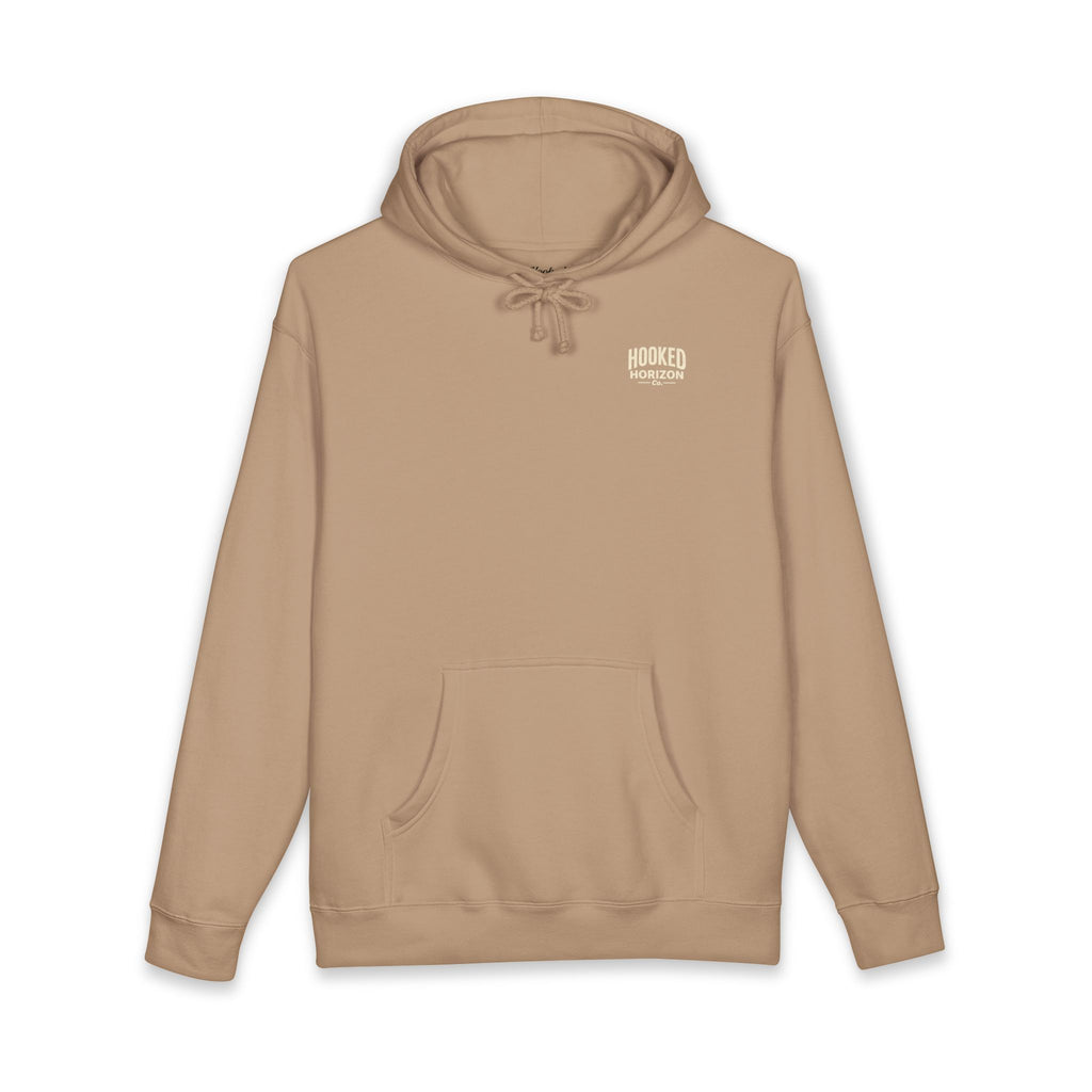 Dog & Sunset Hoodie Hooked Horizon Co. — Minimal Fishing Back Graphic Hoodie, Multiple Color Variations