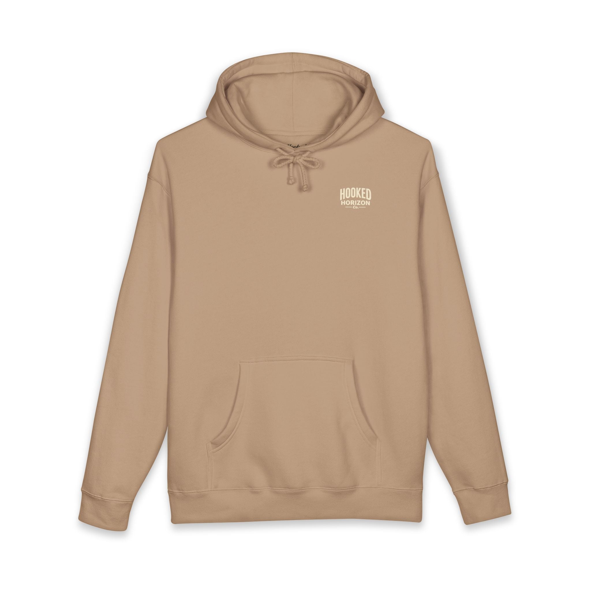 Dog & Sunset Hoodie Hooked Horizon Co. — Minimal Fishing Back Graphic Hoodie, Multiple Color Variations