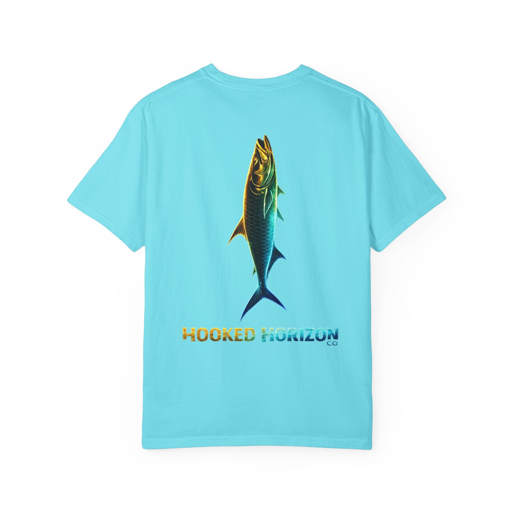 Gold & Blue Tarpon Hooked Horizon Co. — Deep Drift Fishing Graphicishing Tee for Angler Lovers, Shark Lovers, Ocean Tee