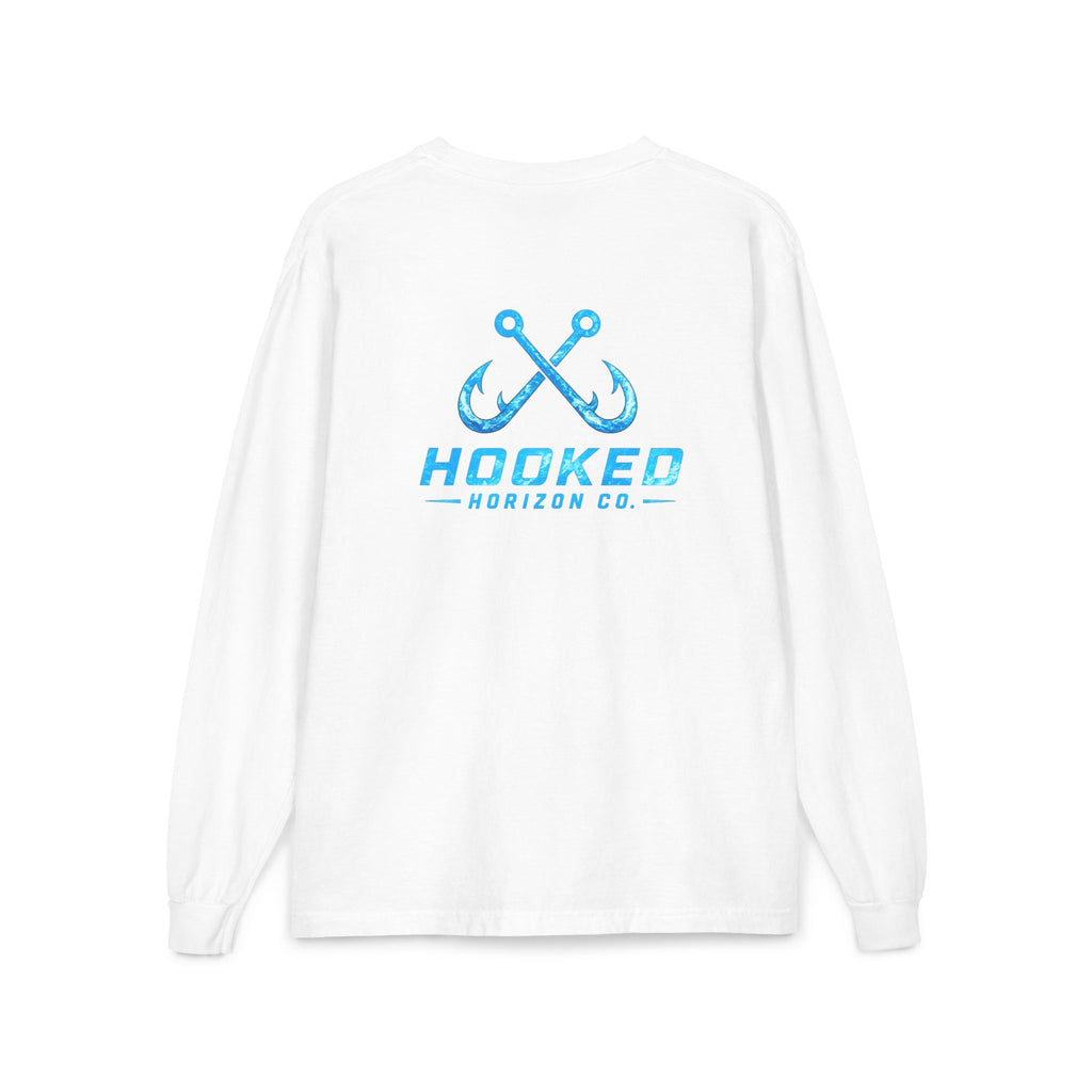 Bright Blue Hooked Horizon Co.  Classic Logo Unisex Long Sleeve Pocket T-Shirt
