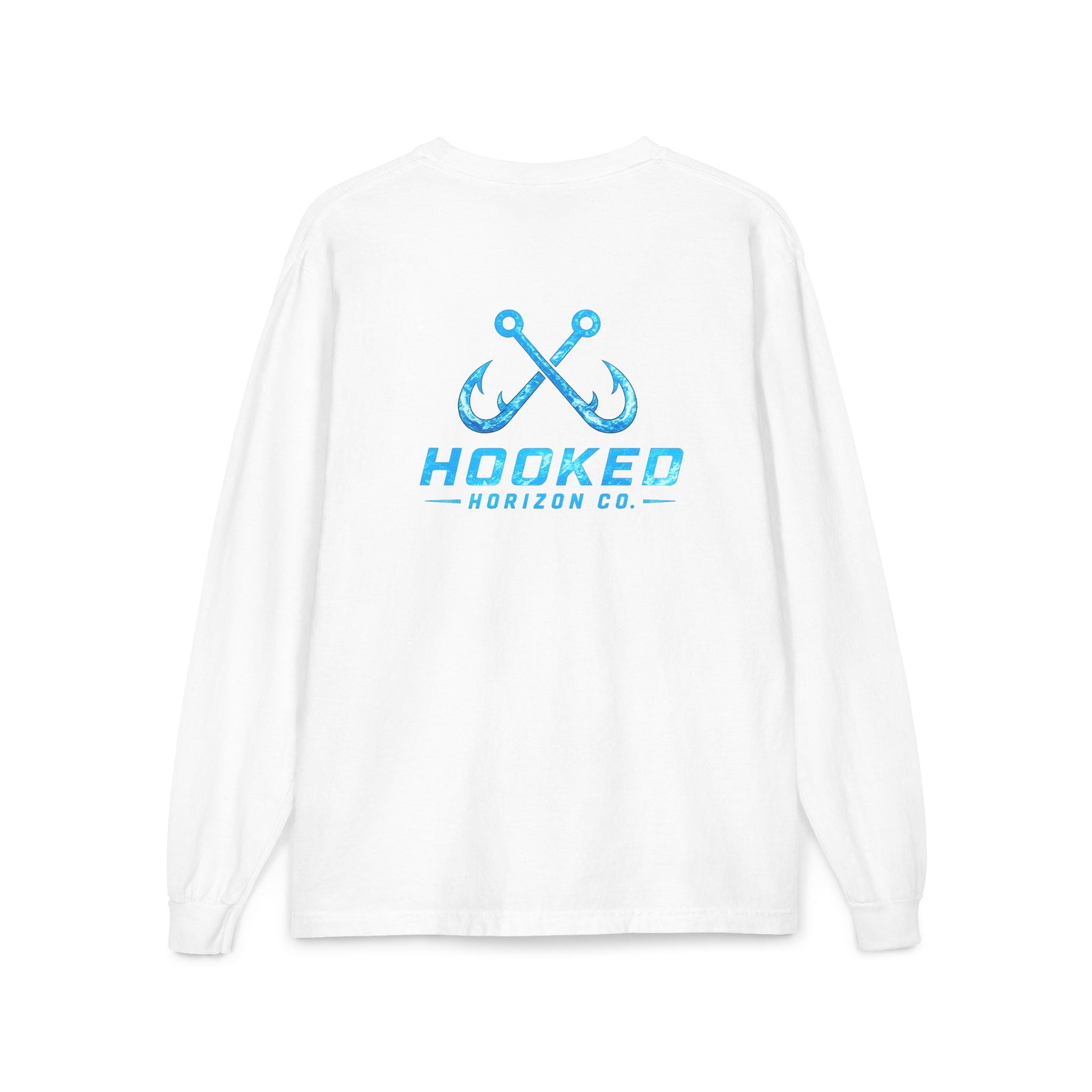 Bright Blue Hooked Horizon Co.  Classic Logo Unisex Long Sleeve Pocket T-Shirt