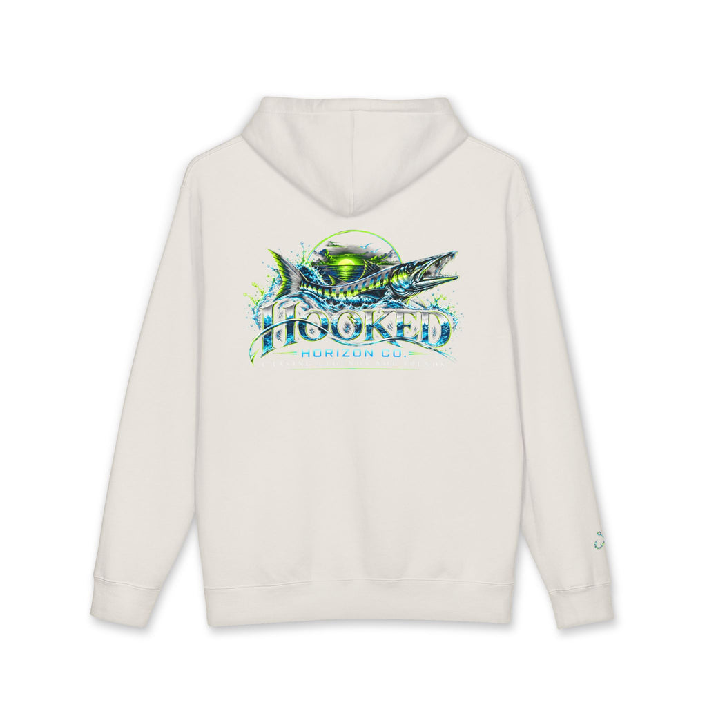 Barracuda Like Green Logo Hoodie—Hooked Horizon Co. — Fishing Back Graphic Hoodie, Multiple Color Variations