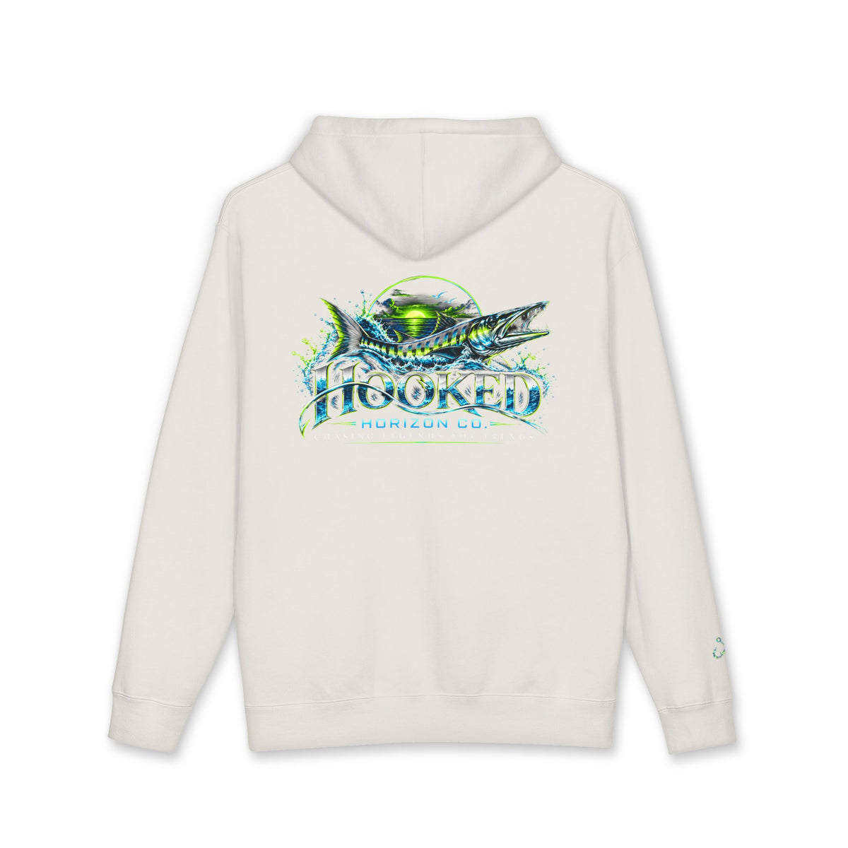 Barracuda Like Green Logo Hoodie—Hooked Horizon Co. — Fishing Back Graphic Hoodie, Multiple Color Variations