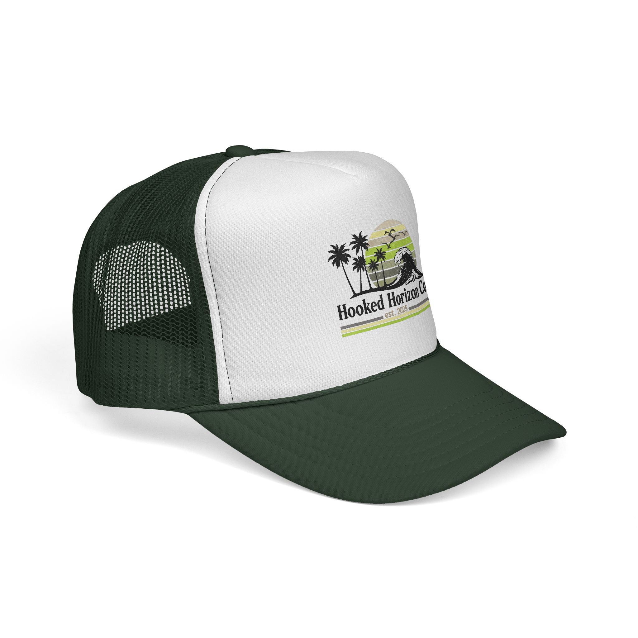 Hooked Horizon Co.  Sunset & Palm Tree 90s Inspired Trucker Cap — Outdoor & Beach Hat Ocean Conservation Gifts For Him & Her