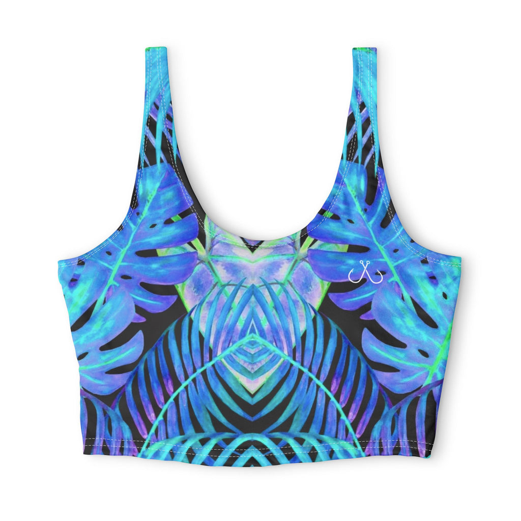 Tropical Blue Feather Palm Sports Bra —Hooked Horizon Co. Stylish Sports Bra for Activewear, Workout Top, Gym Essential, Fitness Apparel, Athleisure Wear, Yoga Gear