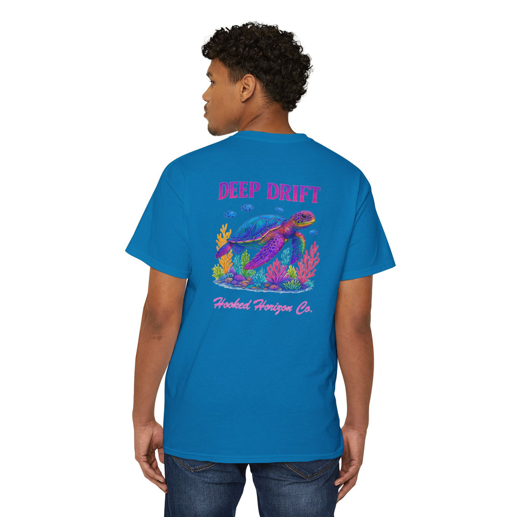 Turtle Deep Drift Hooked HorizonCo.  Tee- Perfect for Angler and Fishing Gifts, For him, For Her Unisex Cotton T-Shirt for Fishing & Wildlife Enthusiasts, Ocean Lovers