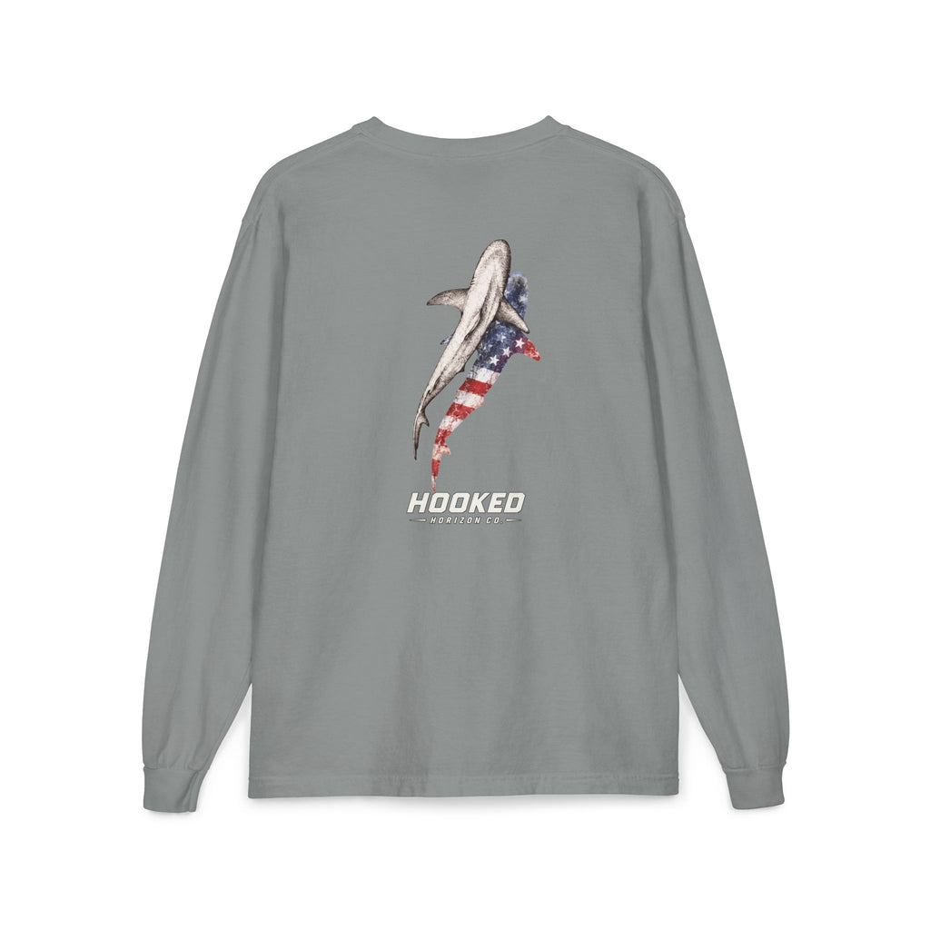 USA Shark Hooked Horizon Co.  Classic Logo Unisex Long Sleeve Pocket T-Shirt
