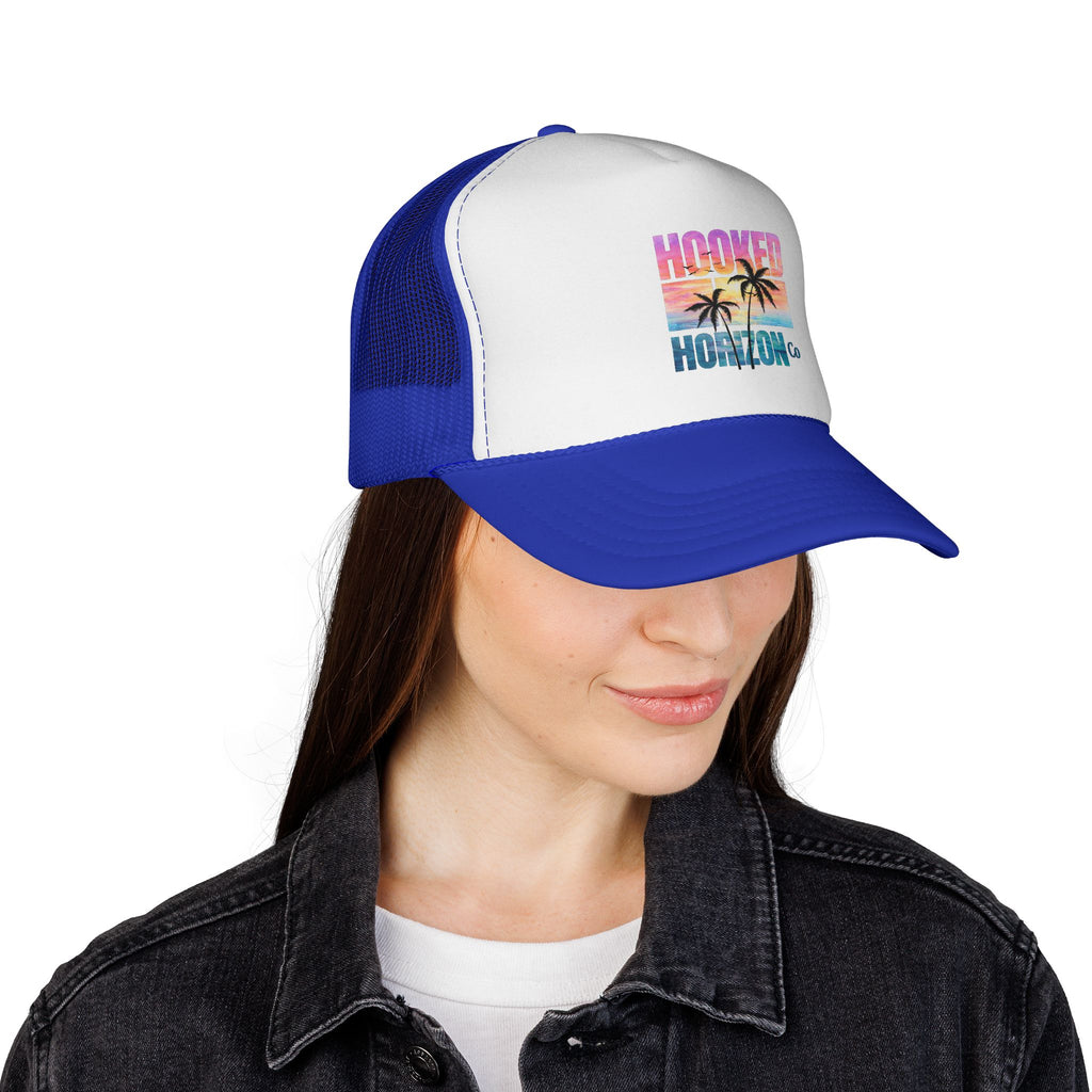 Hooked Horizon Co.  Sunset & Palm Tree 90s Inspired Trucker Cap — Outdoor & Beach Hat Ocean Conservation Gifts For Him & Her
