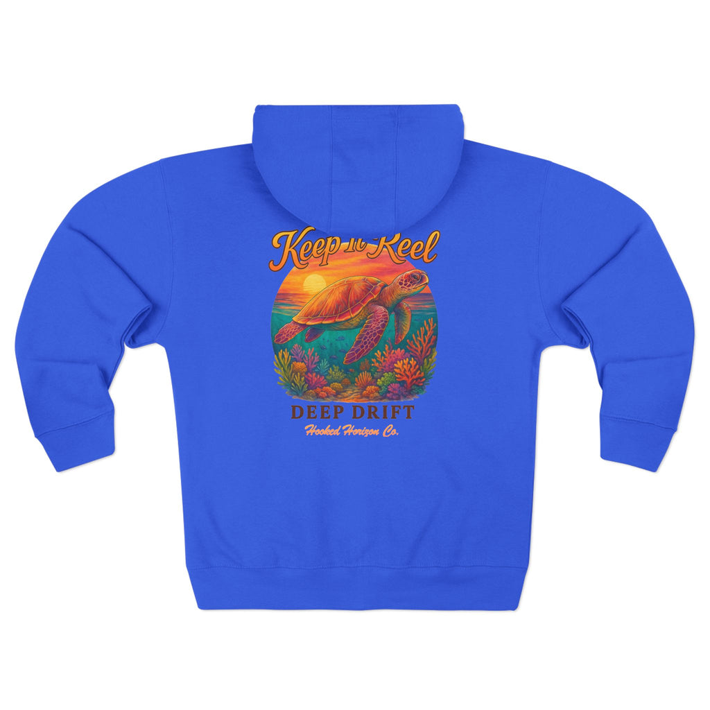 Turtle "Keep It Reel" Deep Drift–Hooked Horizon Co. Unisex Zip Hoodie for Ocean Lovers, Nautical Fashion, Cool Weather Gear, Everyday Comfort, Perfect Gift