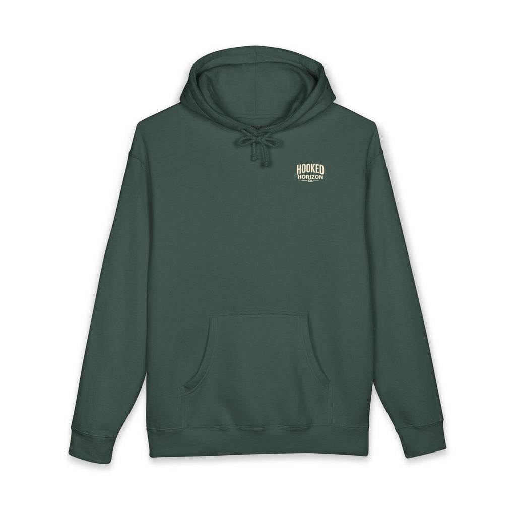 Dog & Sunset Hoodie Hooked Horizon Co. — Minimal Fishing Back Graphic Hoodie, Multiple Color Variations