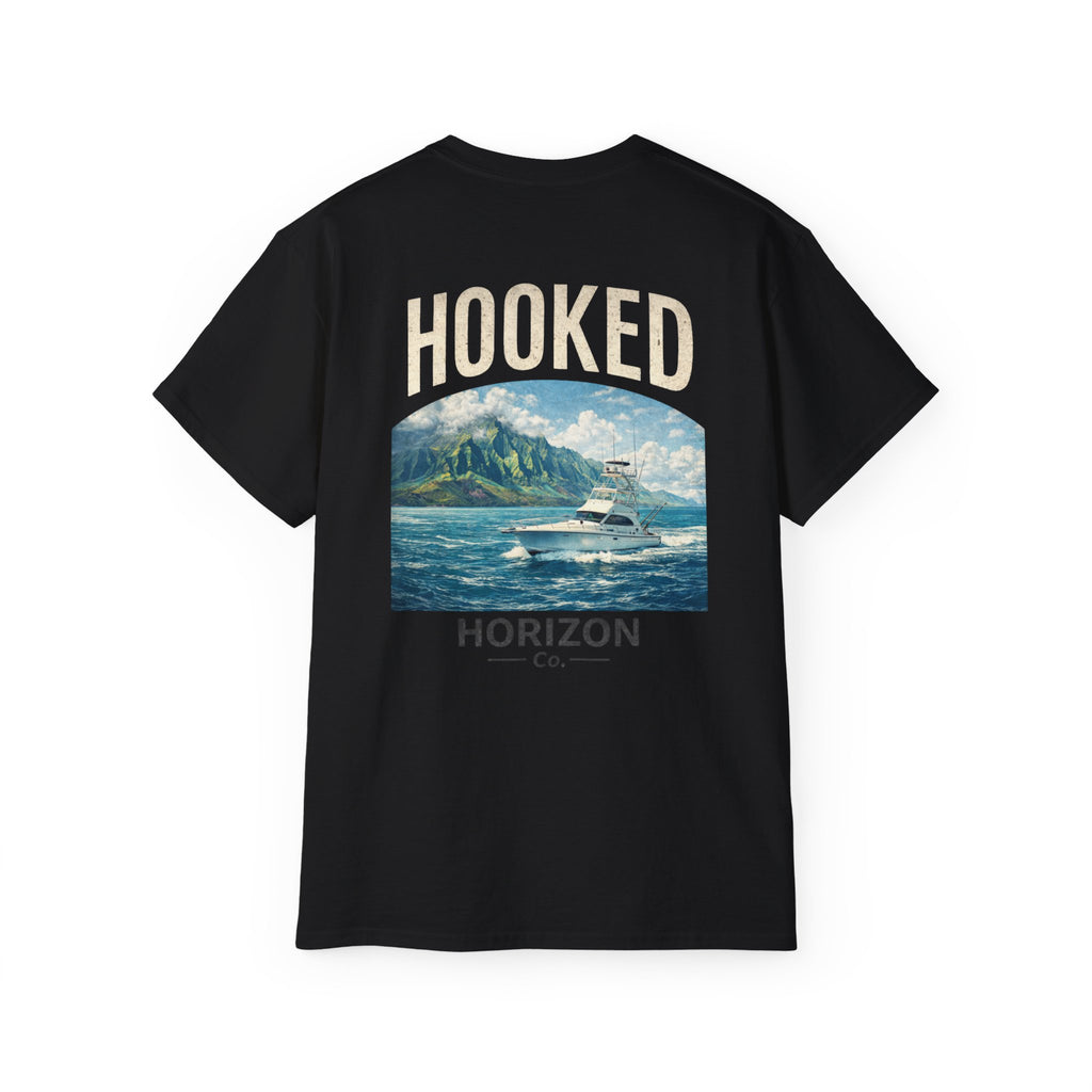 Fishing Charter T-Shirt — "Hooked" Boat & Horizon Graphic Tee, Multiple Color Variations