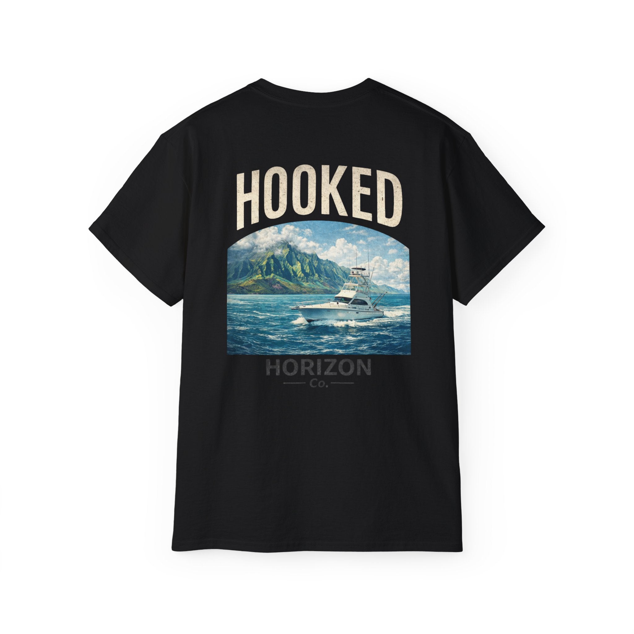 Fishing Charter T-Shirt — "Hooked" Boat & Horizon Graphic Tee, Multiple Color Variations