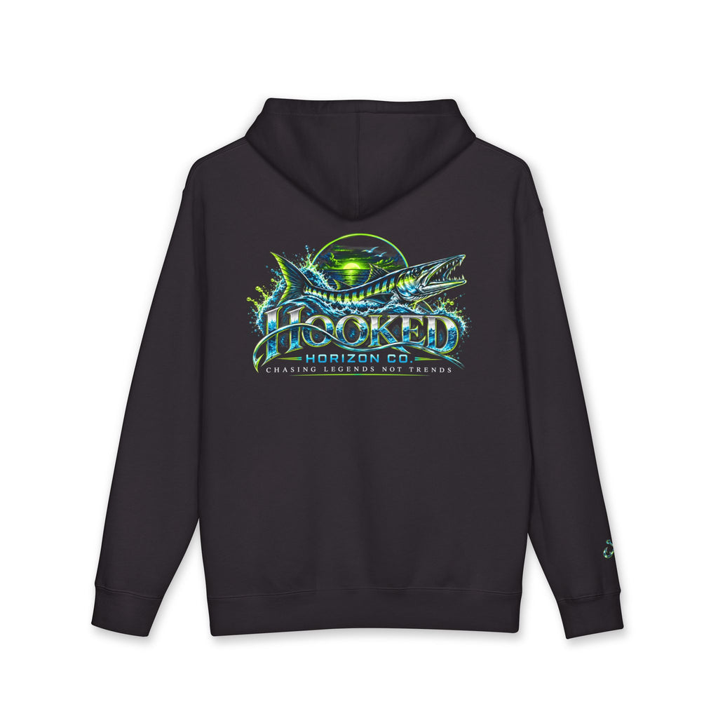 Barracuda Like Green Logo Hoodie—Hooked Horizon Co. — Fishing Back Graphic Hoodie, Multiple Color Variations