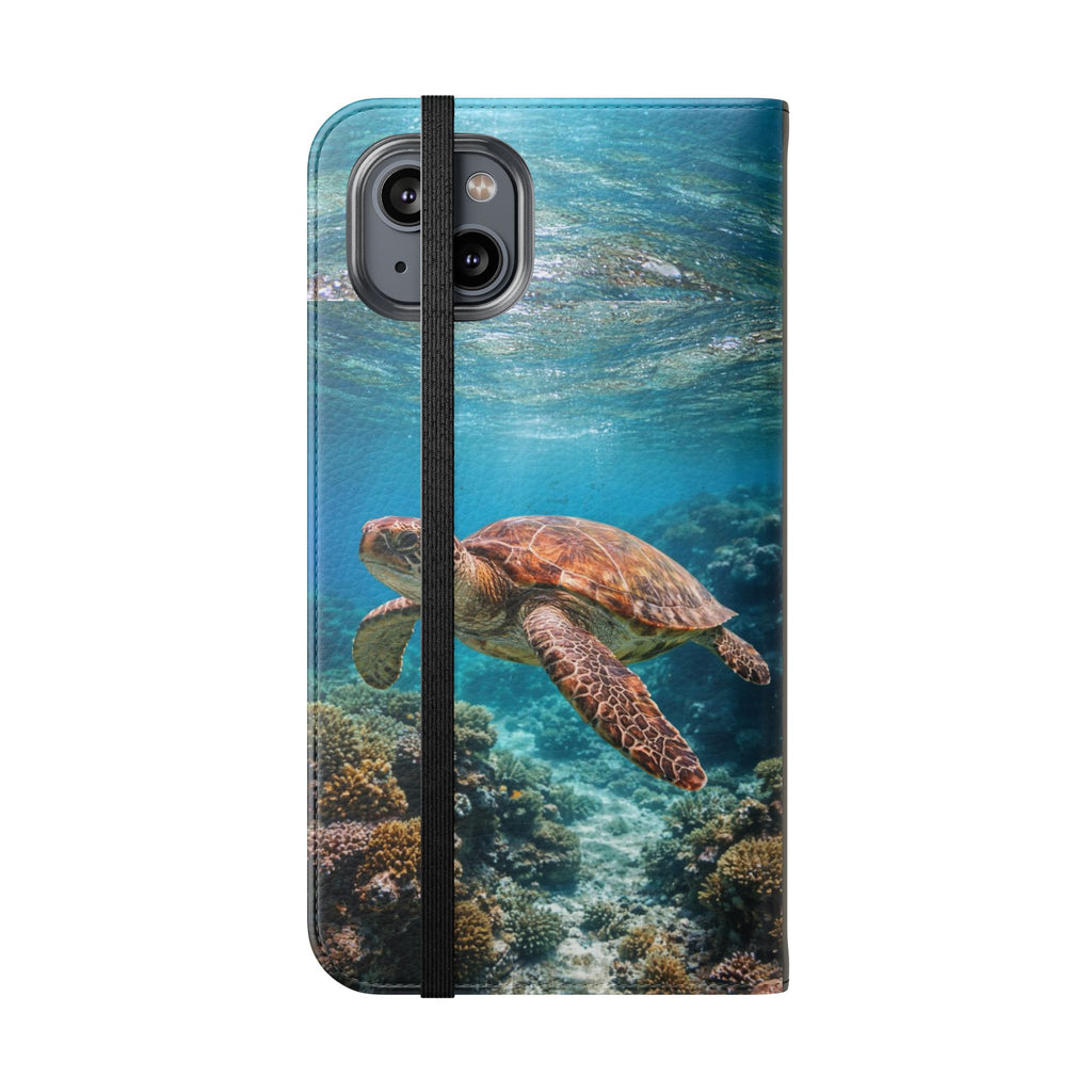 Turtle Hooked Horizon Co Flip Phone Case — Turquoise Water Pattern Wallet Cover