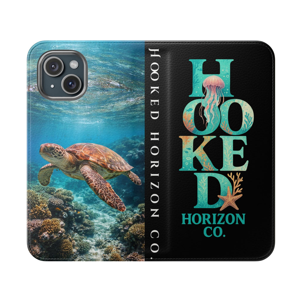 Turtle Hooked Horizon Co Flip Phone Case — Turquoise Water Pattern Wallet Cover