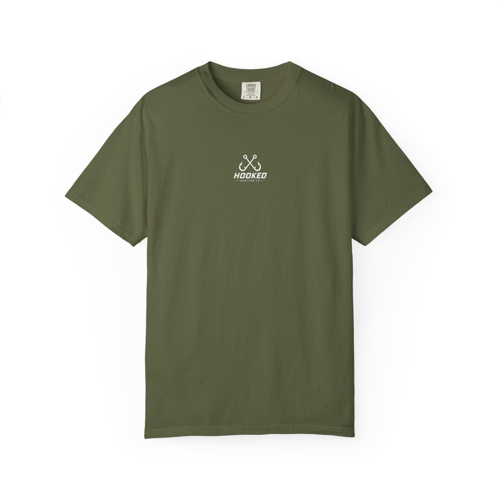 USA Triple Shark Hooked Horizon Co. — "Chasing Legends" Deep Drift Fishing Graphicishing Tee for Angler Lovers, Shark Lovers, Ocean Tee
