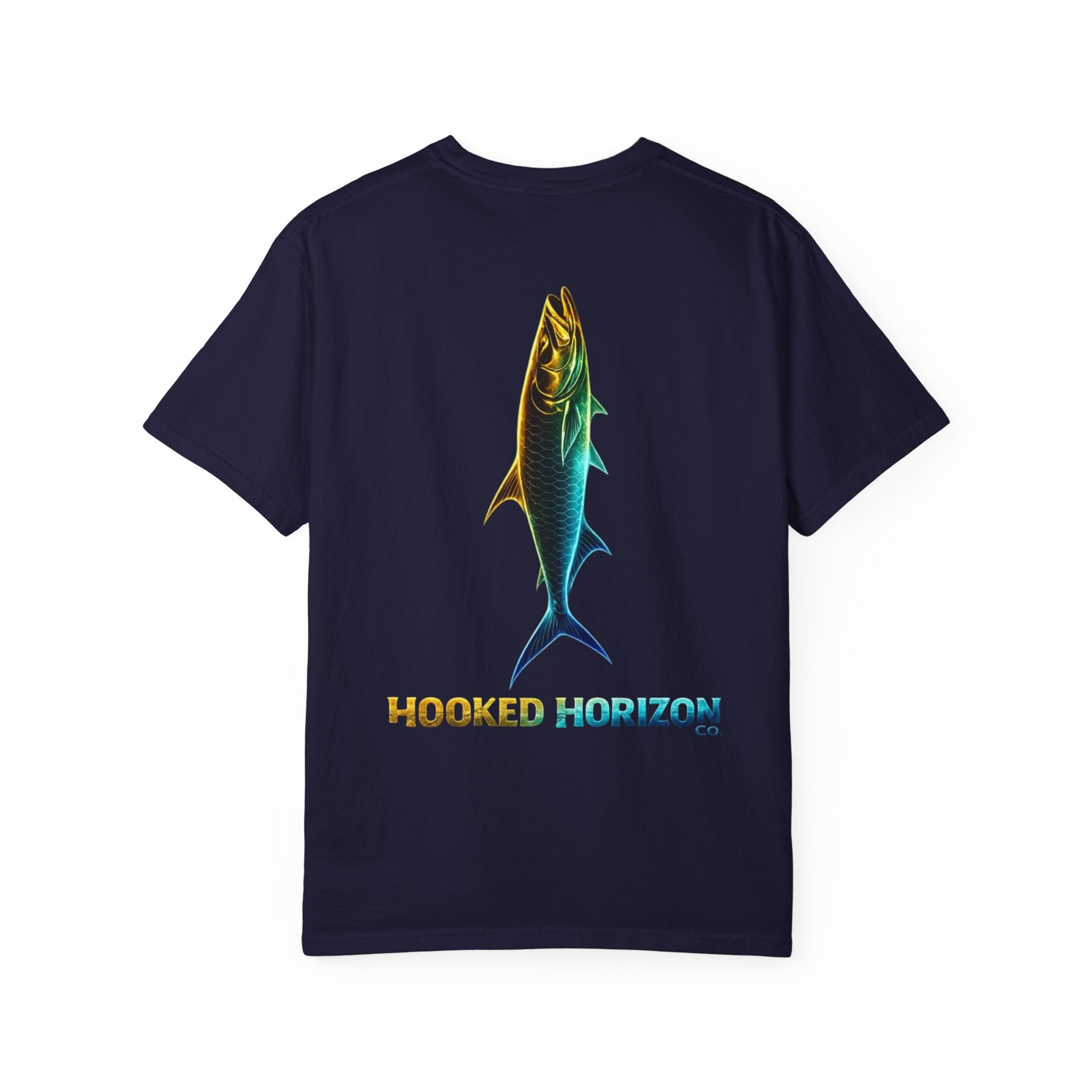 Gold & Blue Tarpon Hooked Horizon Co. — Deep Drift Fishing Graphicishing Tee for Angler Lovers, Shark Lovers, Ocean Tee