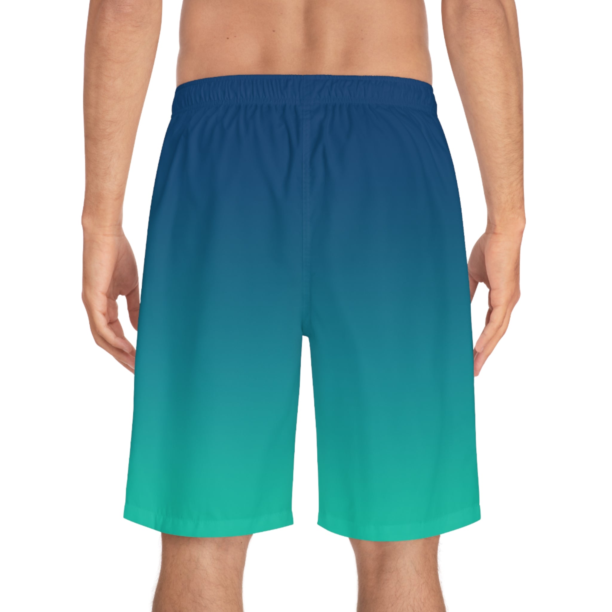 Blue To Sea Green Ombre Men's Ocean-Inspired Board Shorts, Swimwear for Beach Days, Summer Vacations, Pool Parties, Surfing Attire, Water Sports