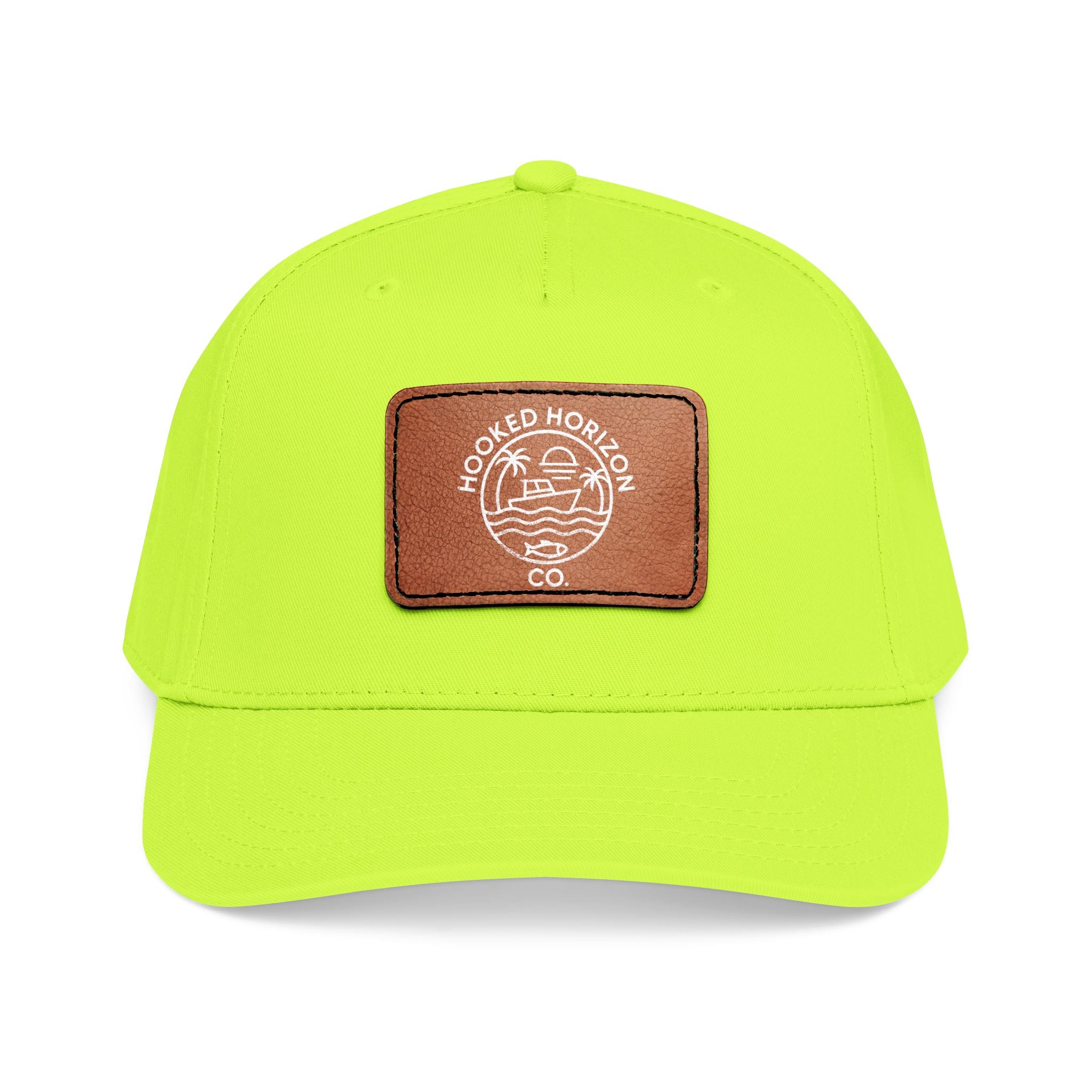 Hooked Horizon Co. 80s Inspired Logo–Leather Patch Baseball Cap — Hooked Horizon Co. Fishing Boat, Multiple Color Variations