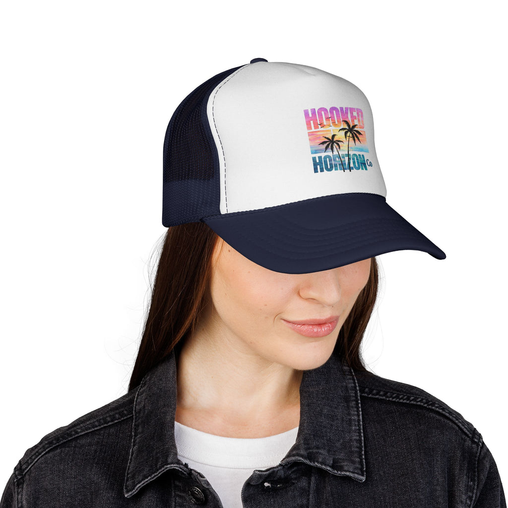 Hooked Horizon Co.  Sunset & Palm Tree 90s Inspired Trucker Cap — Outdoor & Beach Hat Ocean Conservation Gifts For Him & Her