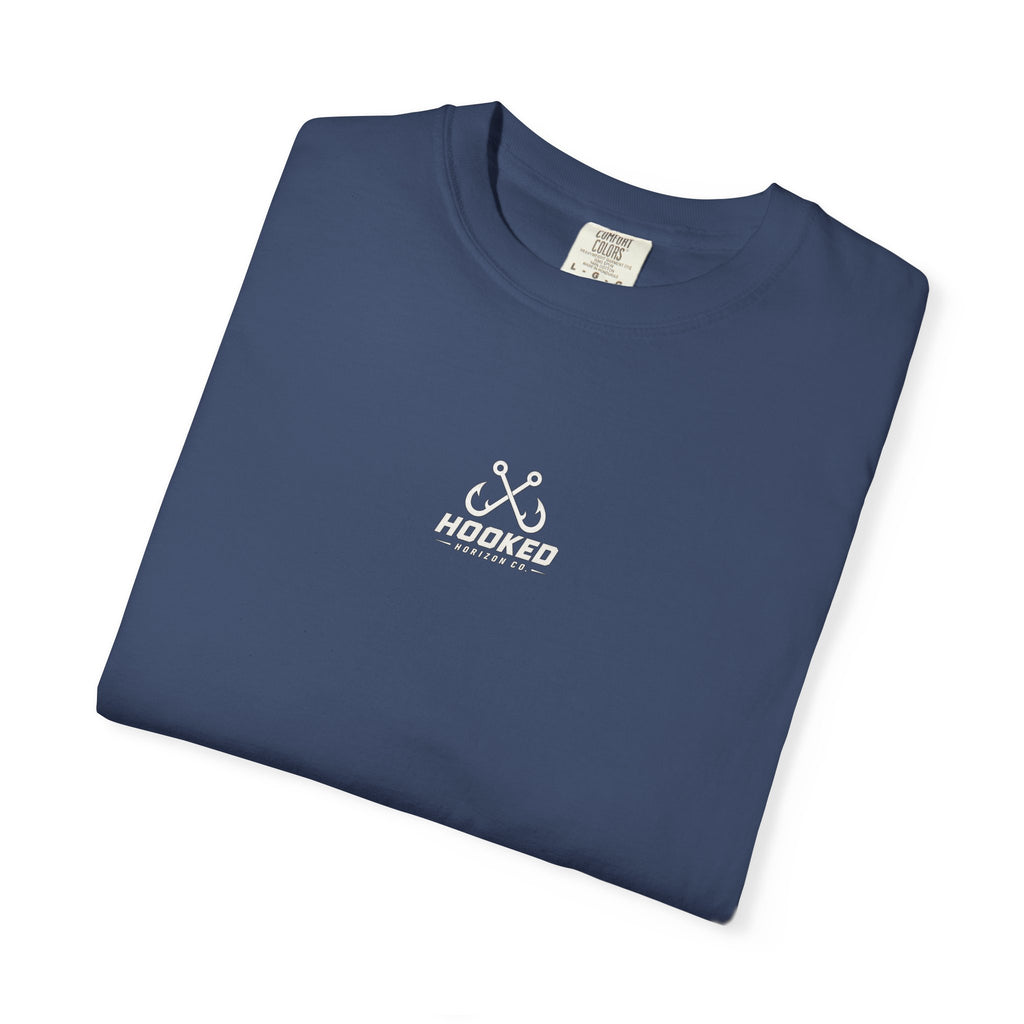 USA Triple Shark Hooked Horizon Co. — "Chasing Legends" Deep Drift Fishing Graphicishing Tee for Angler Lovers, Shark Lovers, Ocean Tee