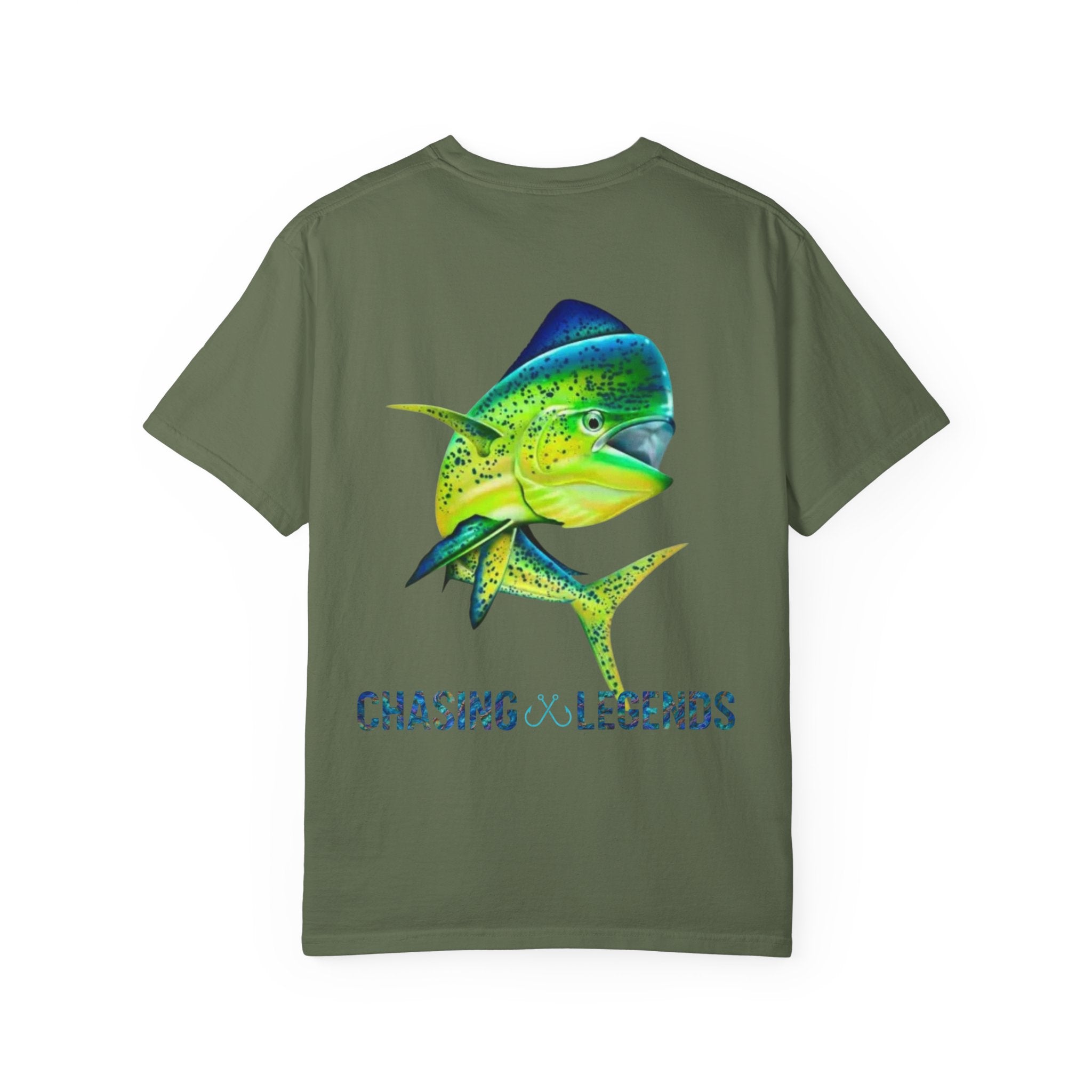 Mahi Mahi Hooked Horizon Co. — "Chasing Legends" Deep Drift Fishing Graphicishing Tee for Angler Lovers, Shark Lovers, Ocean Tee