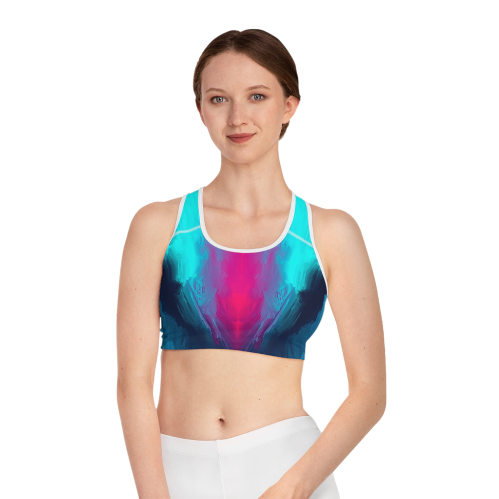 Teal & Pink Abstract Wave Sports Bra — Hooked Horizon Co. Racerbacck Activewear, Comfortable Activewear, Fitness Pants, Ideal for Gym, Yoga, and Weekend Brunch