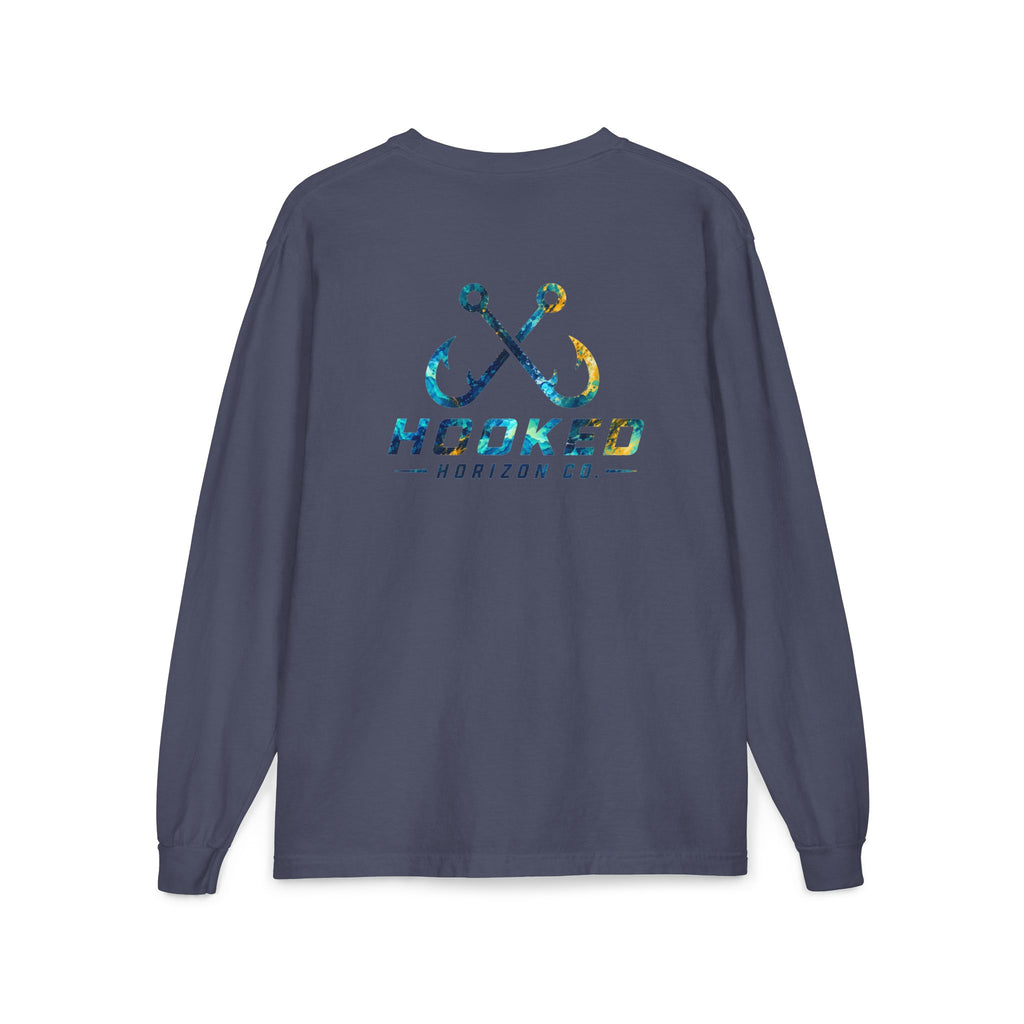 Blue & Gold Hooked Horizon Co.  Classic Logo Unisex Long Sleeve Pocket T-Shirt