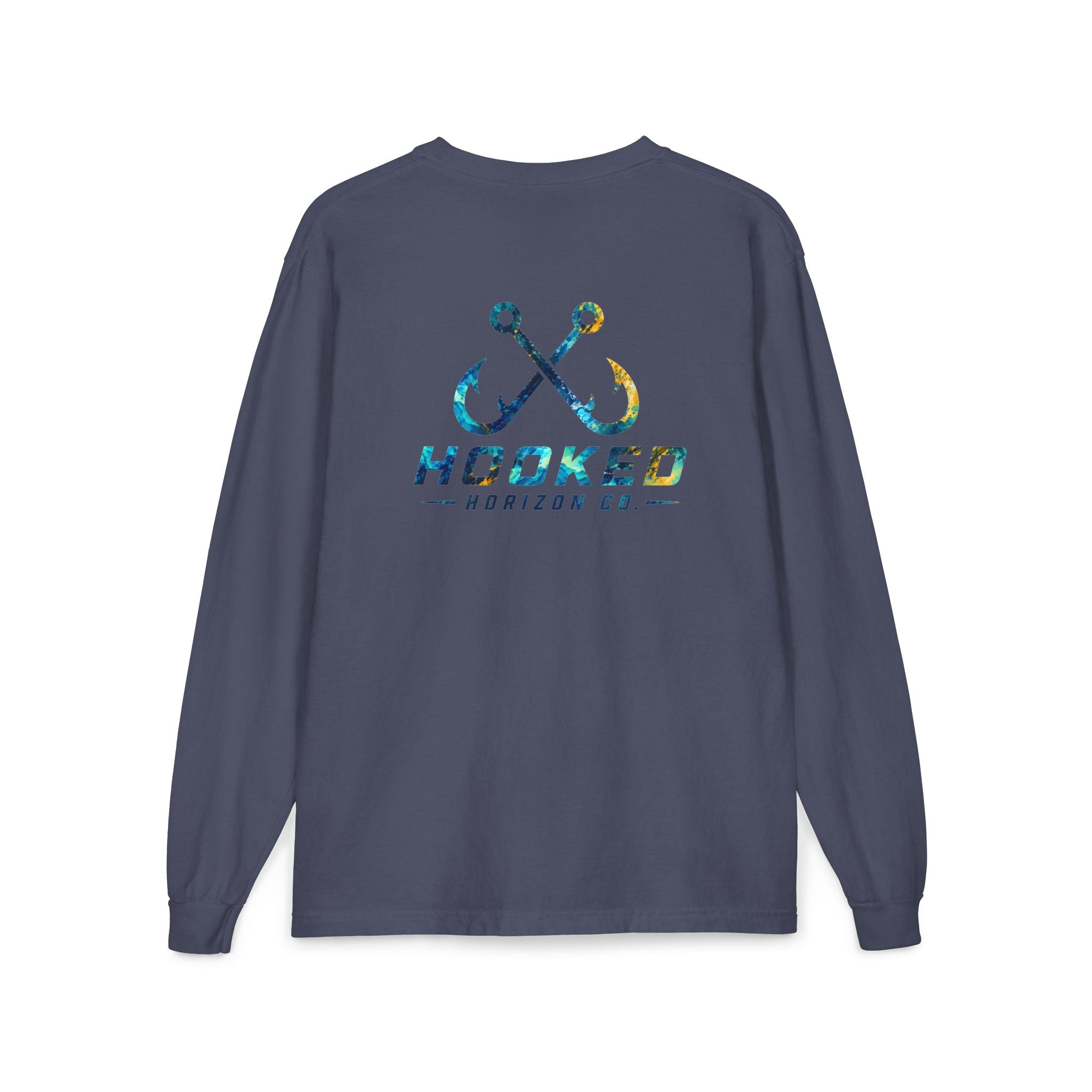 Blue & Gold Hooked Horizon Co.  Classic Logo Unisex Long Sleeve Pocket T-Shirt