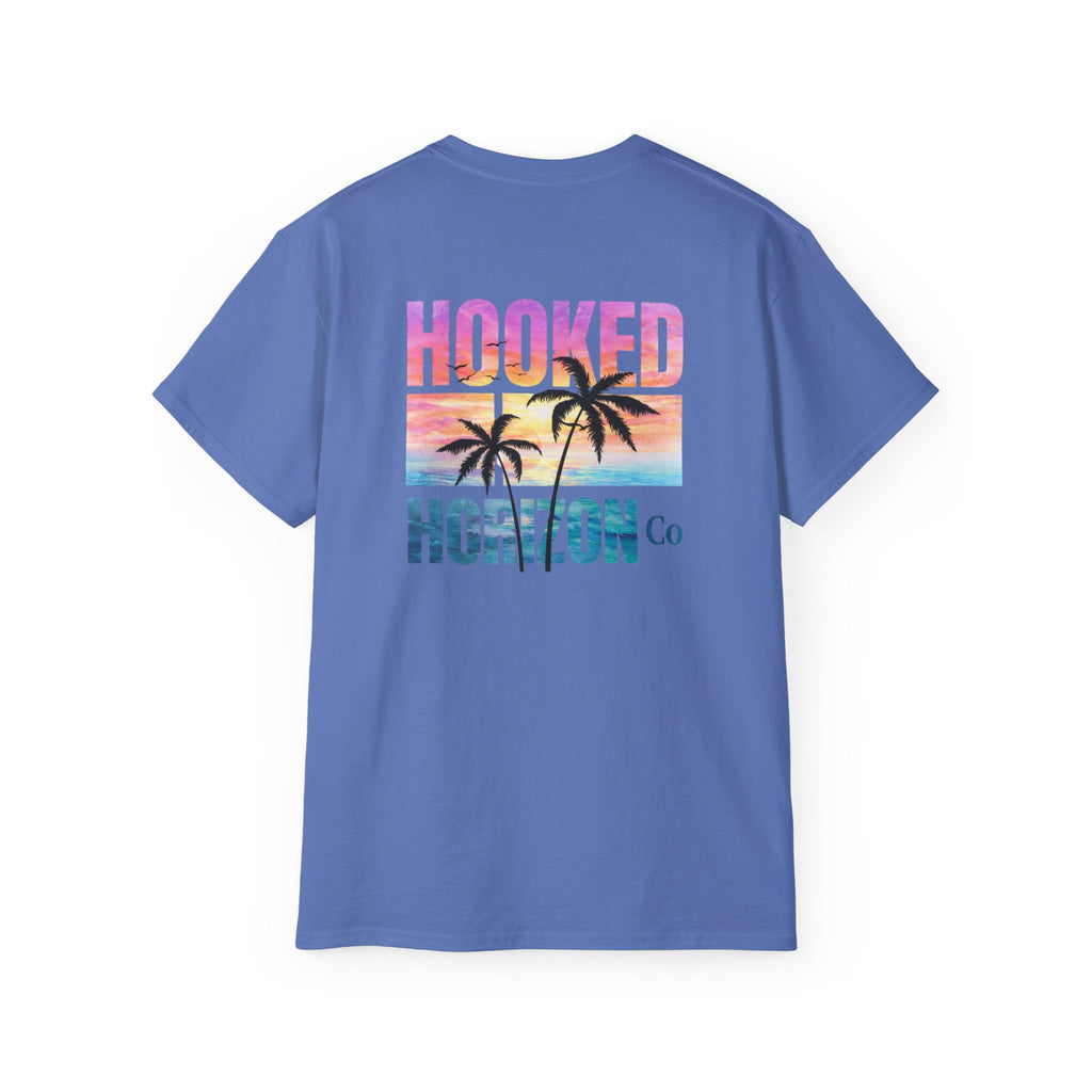 Sunset & Palm Tree T-Shirt — "Hooked" Boat & Horizon Graphic Tee, Multiple Color Variations