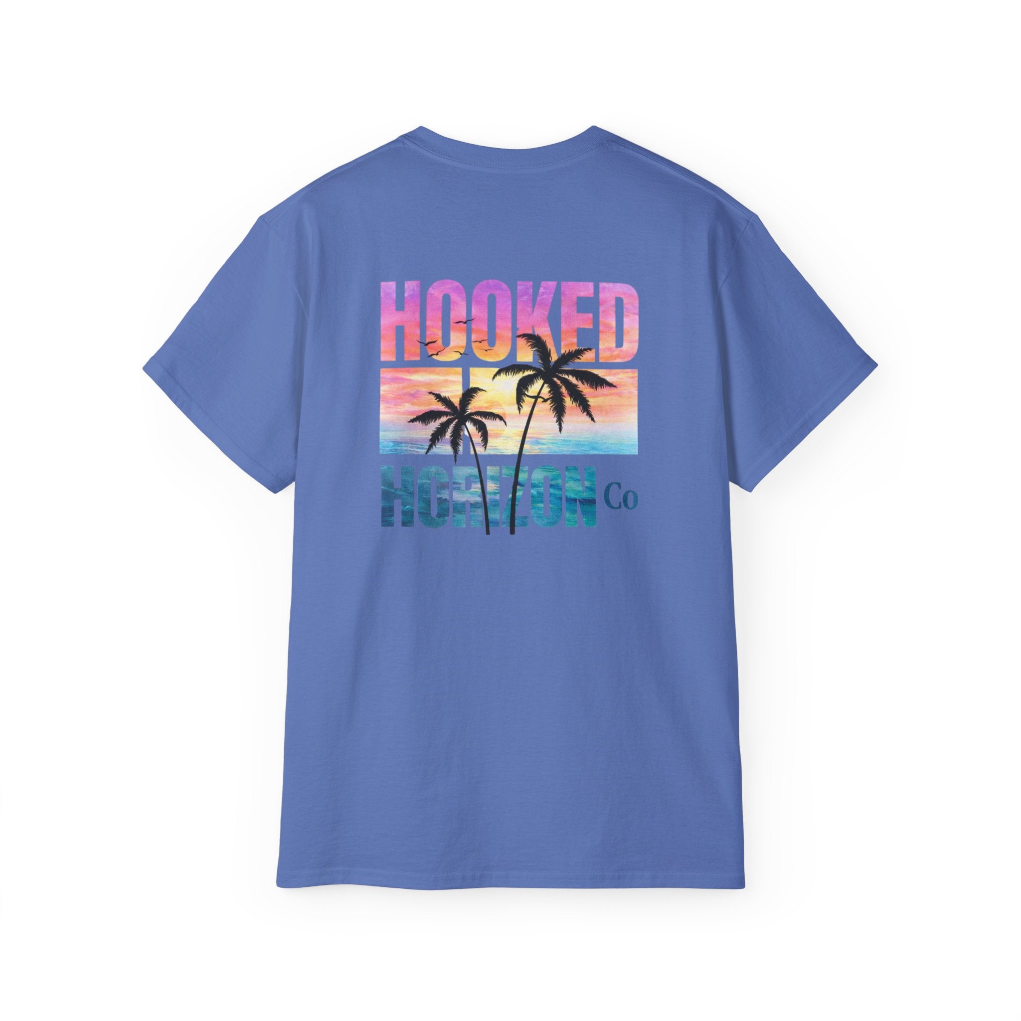 Sunset & Palm Tree T-Shirt — "Hooked" Boat & Horizon Graphic Tee, Multiple Color Variations