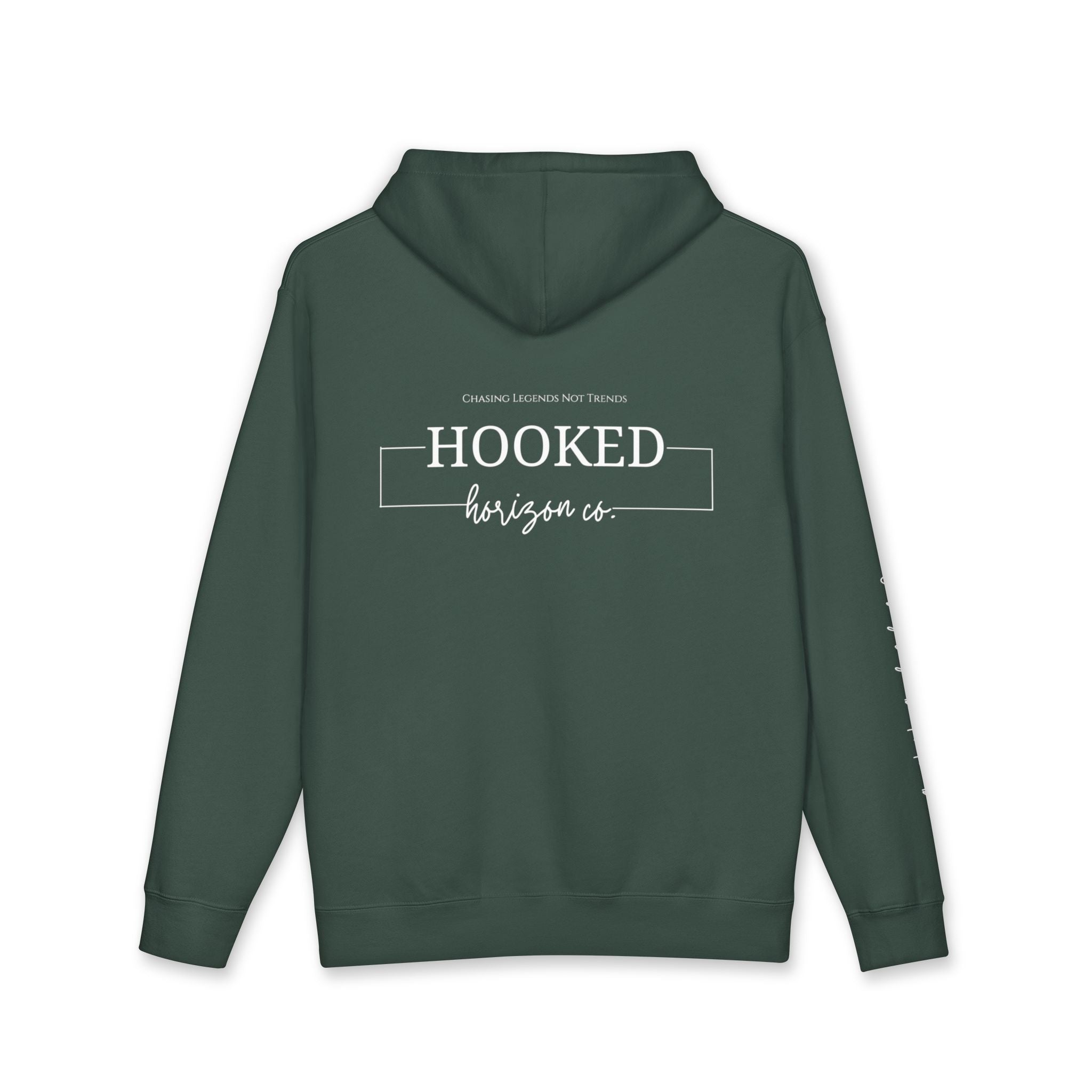 Chasing Legends Not Trends Hoodie Hooked Horizon Co. — Minimal Fishing Back Graphic Hoodie, Multiple Color Variations