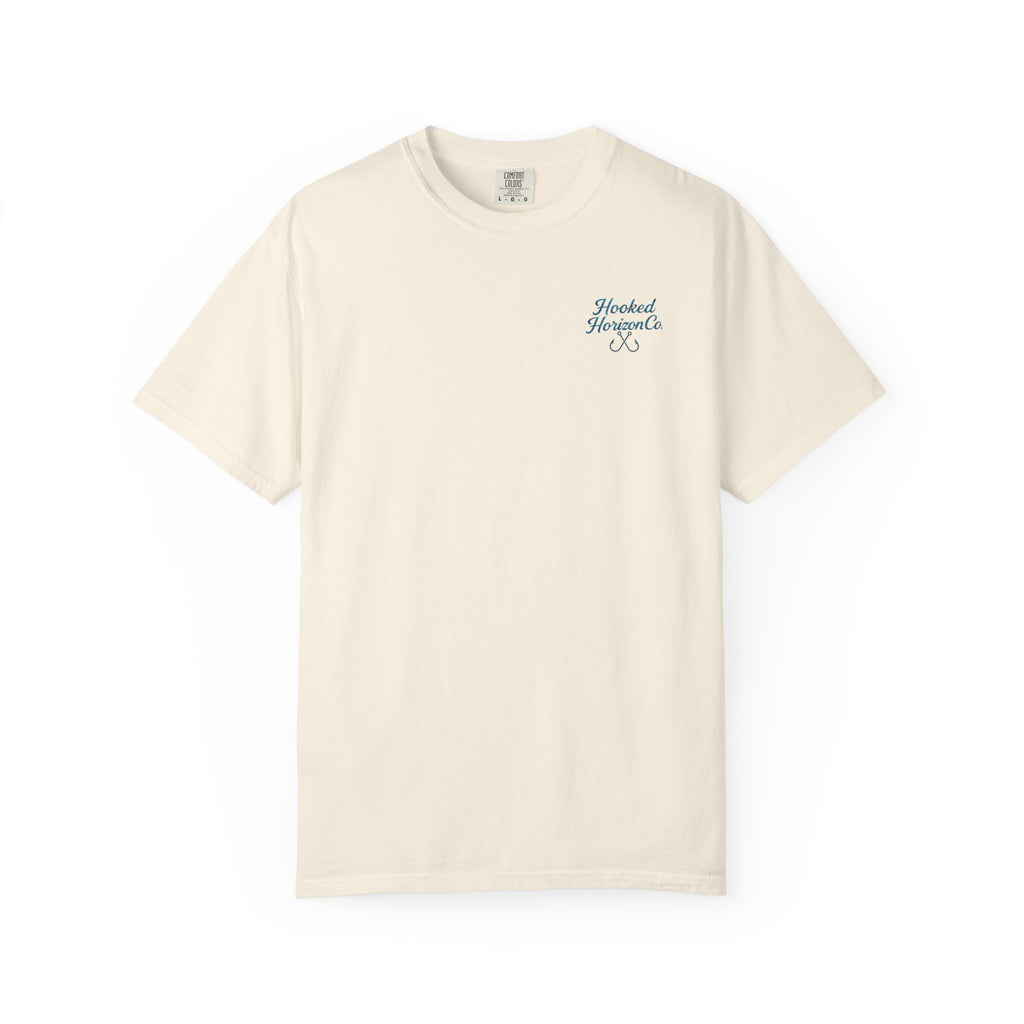 Mahi Mahi Hooked Horizon Co. — "Chasing Legends" Deep Drift Fishing Graphicishing Tee for Angler Lovers, Shark Lovers, Ocean Tee