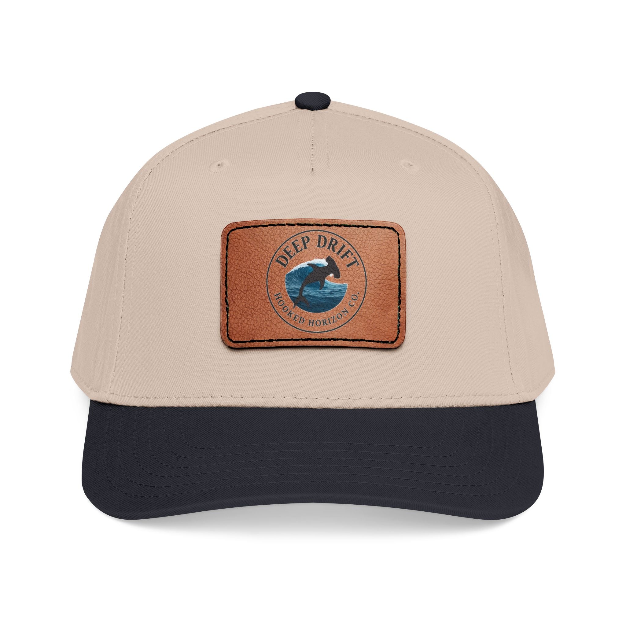 Deep Drift Leather Patch Baseball Cap — Hooked Horizon Co. Ocean Wave Logo, Multiple Color Variations