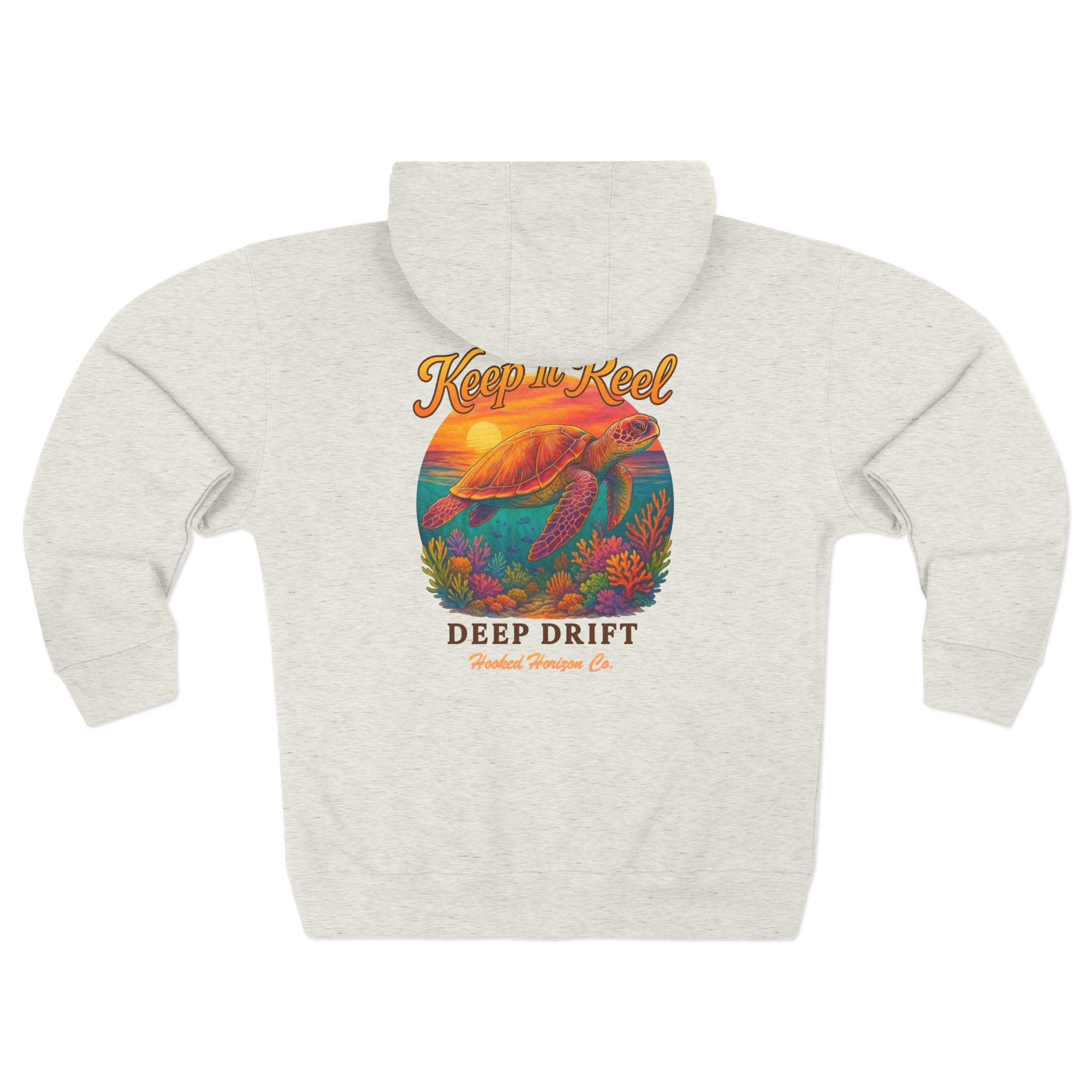 Turtle "Keep It Reel" Deep Drift–Hooked Horizon Co. Unisex Zip Hoodie for Ocean Lovers, Nautical Fashion, Cool Weather Gear, Everyday Comfort, Perfect Gift
