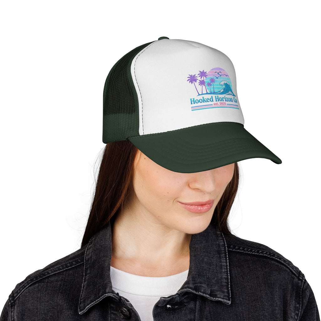 Hooked Horizon Co.  Wave, Sunset & Palm Tree 90s Inspired Trucker Cap in Purple & Blue — Outdoor & Beach Hat Ocean Conservation Gifts For Him & Her