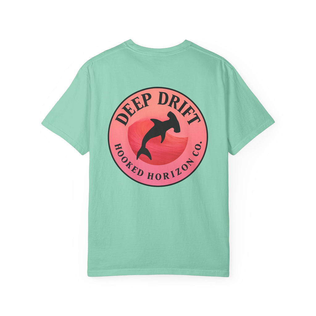 Deep Drift Fishing T-Shirt - Pink & Peach Fishing Tee for Angler Lovers, Pink Ombre, Hammer Head Shark Tee, Ocean-inspired
