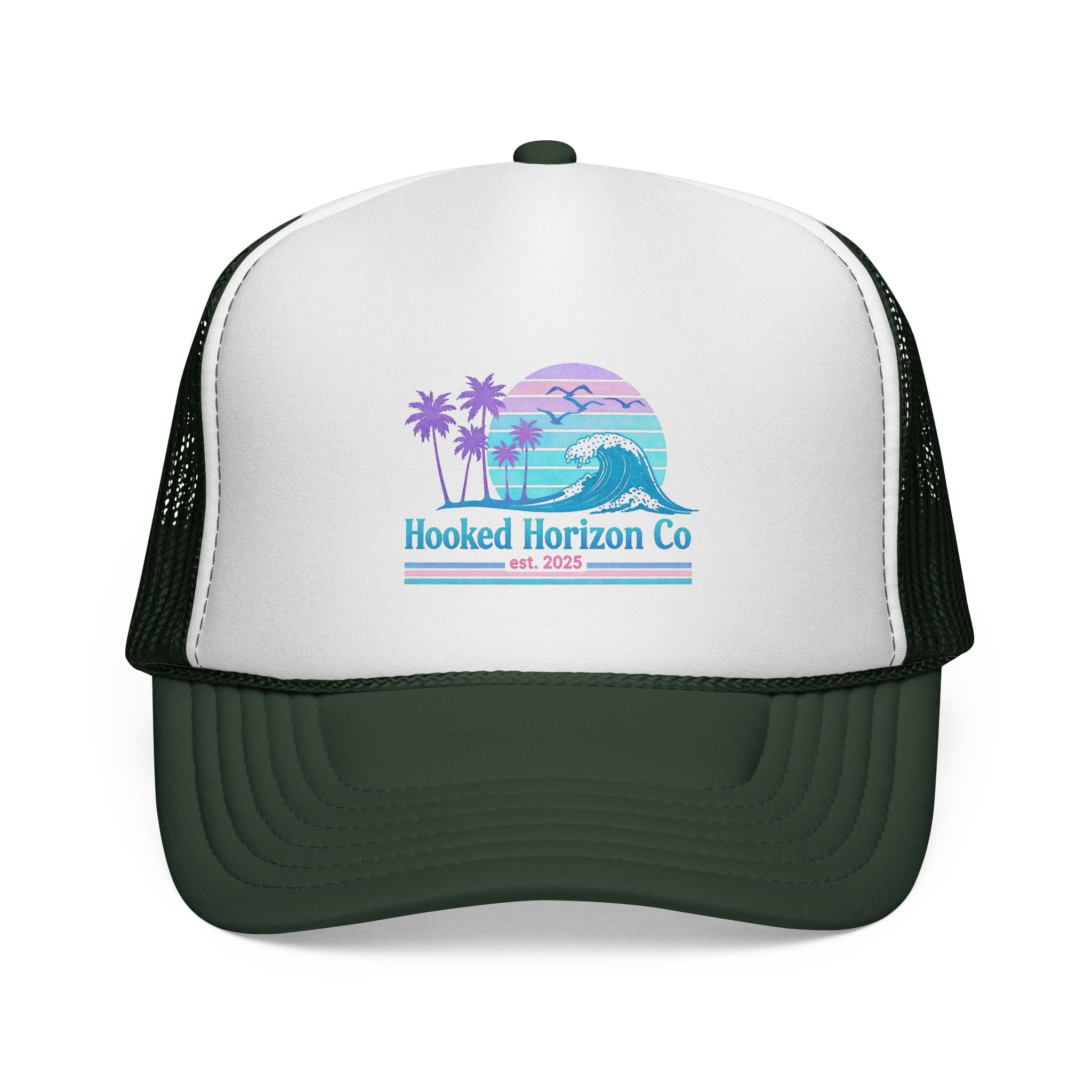 Copy of Hooked Horizon Co.  Wave, Sunset & Palm Tree 90s Inspired Trucker Cap — Outdoor & Beach Hat Ocean Conservation Gifts For Him & Her