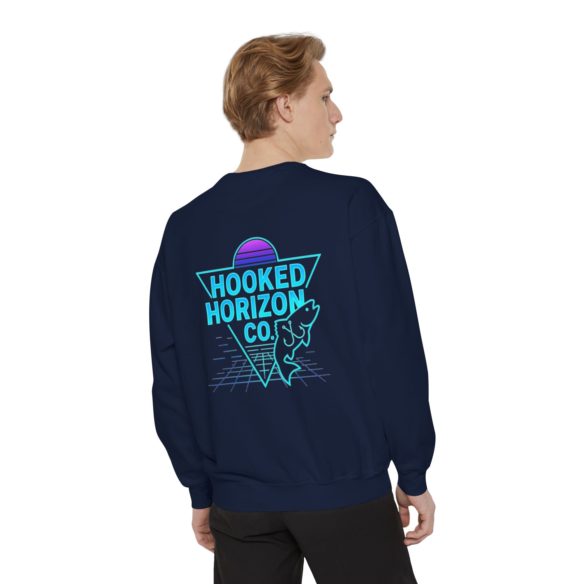 Vintage Vibes Grid Sweatshirt — "Hooked Horizon Co." Logo Pullover