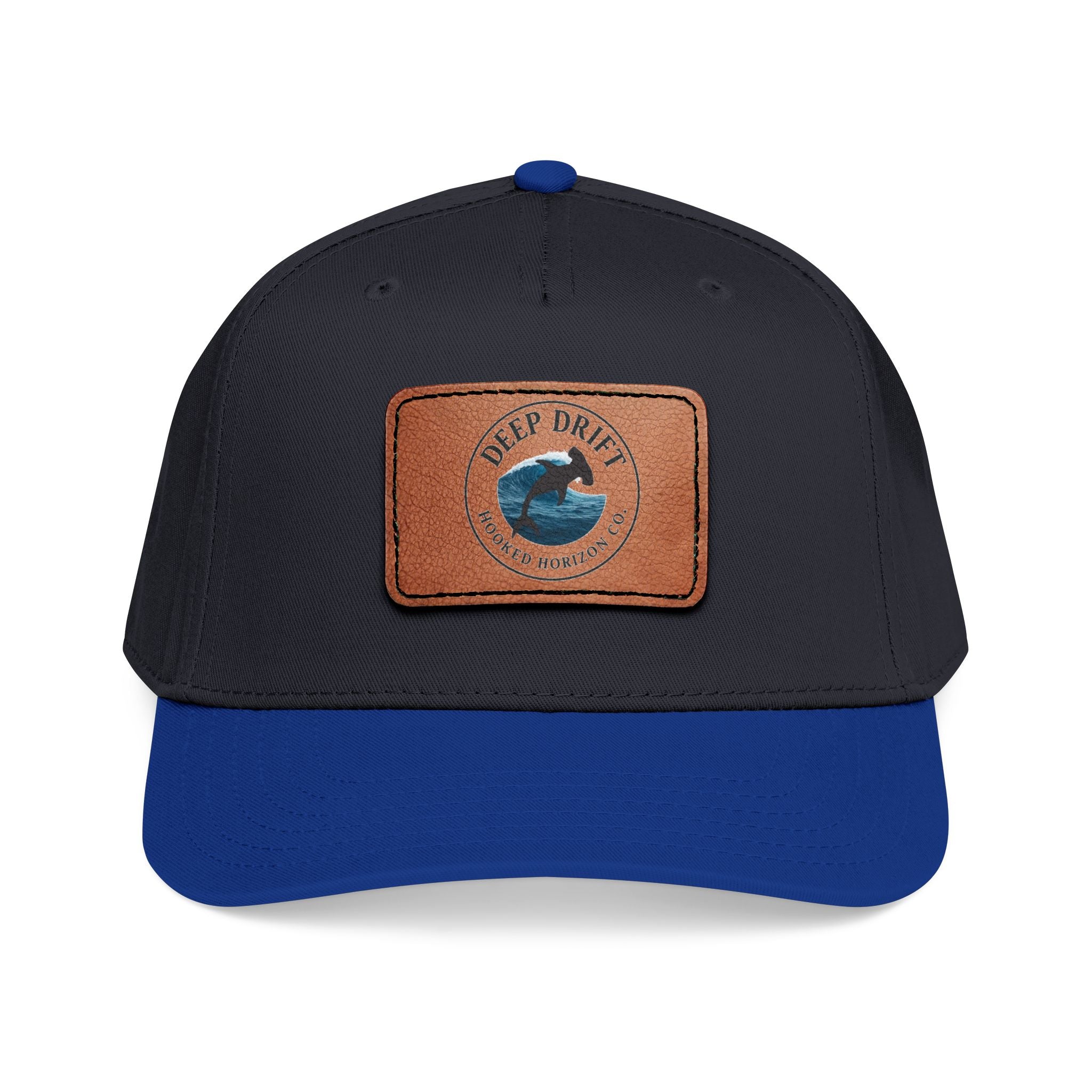 Deep Drift Leather Patch Baseball Cap — Hooked Horizon Co. Ocean Wave Logo, Multiple Color Variations