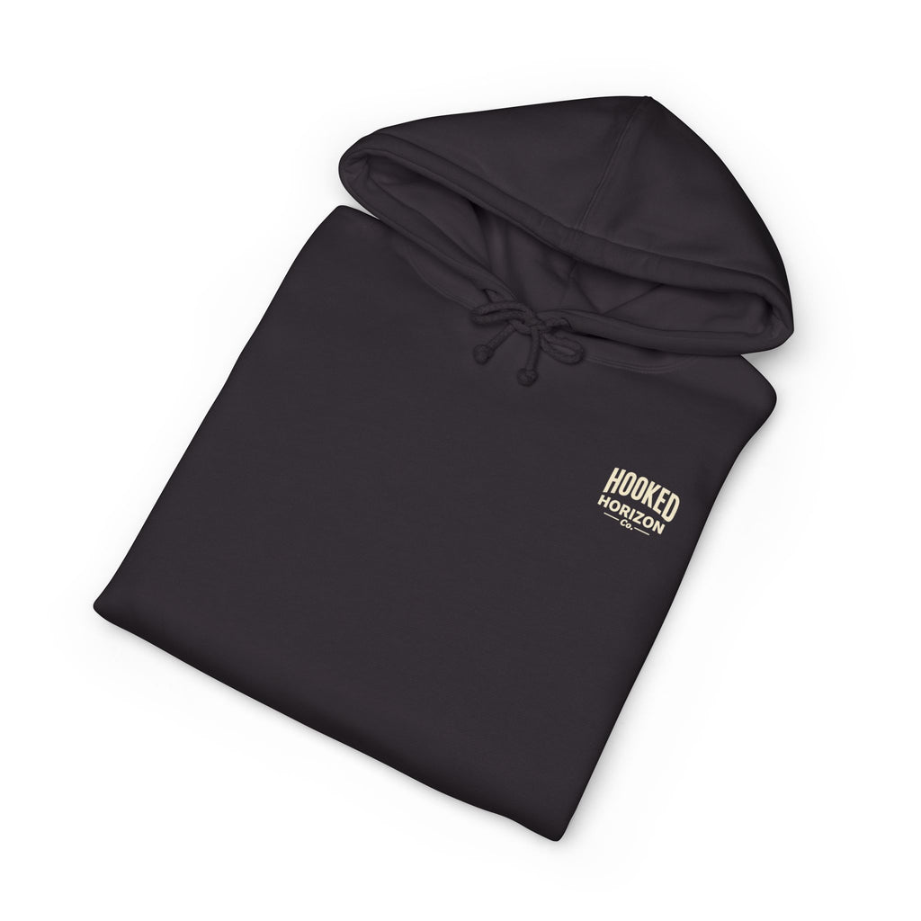 Seagull & Red Sunset Hoodie Hooked Horizon Co. — Minimal Fishing Back Graphic Hoodie, Multiple Color Variations