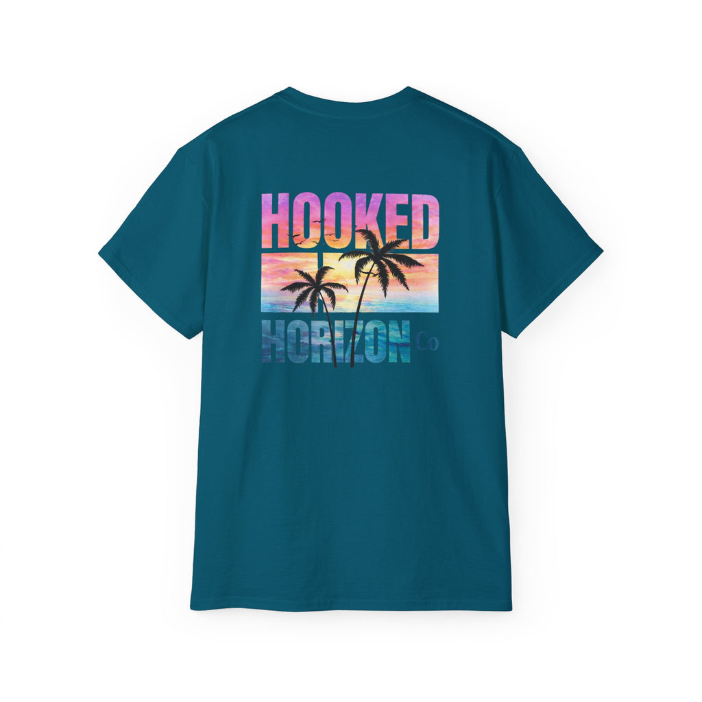 Sunset & Palm Tree T-Shirt — "Hooked" Boat & Horizon Graphic Tee, Multiple Color Variations