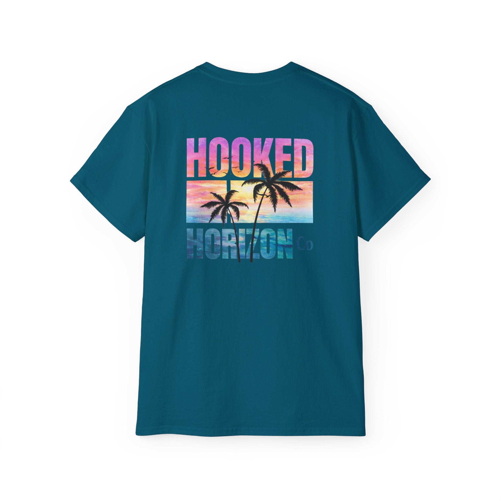 Sunset & Palm Tree T-Shirt — "Hooked" Boat & Horizon Graphic Tee, Multiple Color Variations