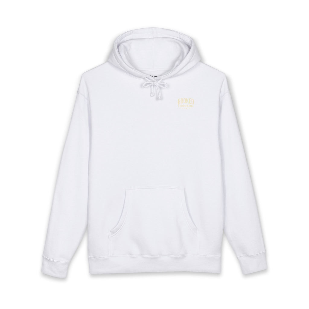 Dog & Sunset Hoodie Hooked Horizon Co. — Minimal Fishing Back Graphic Hoodie, Multiple Color Variations