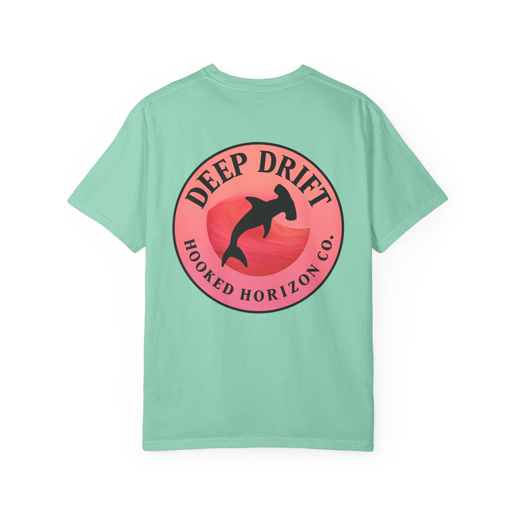 Deep Drift Fishing T-Shirt - Pink & Peach Fishing Tee for Angler Lovers, Pink Ombre, Hammer Head Shark Tee, Ocean-inspired